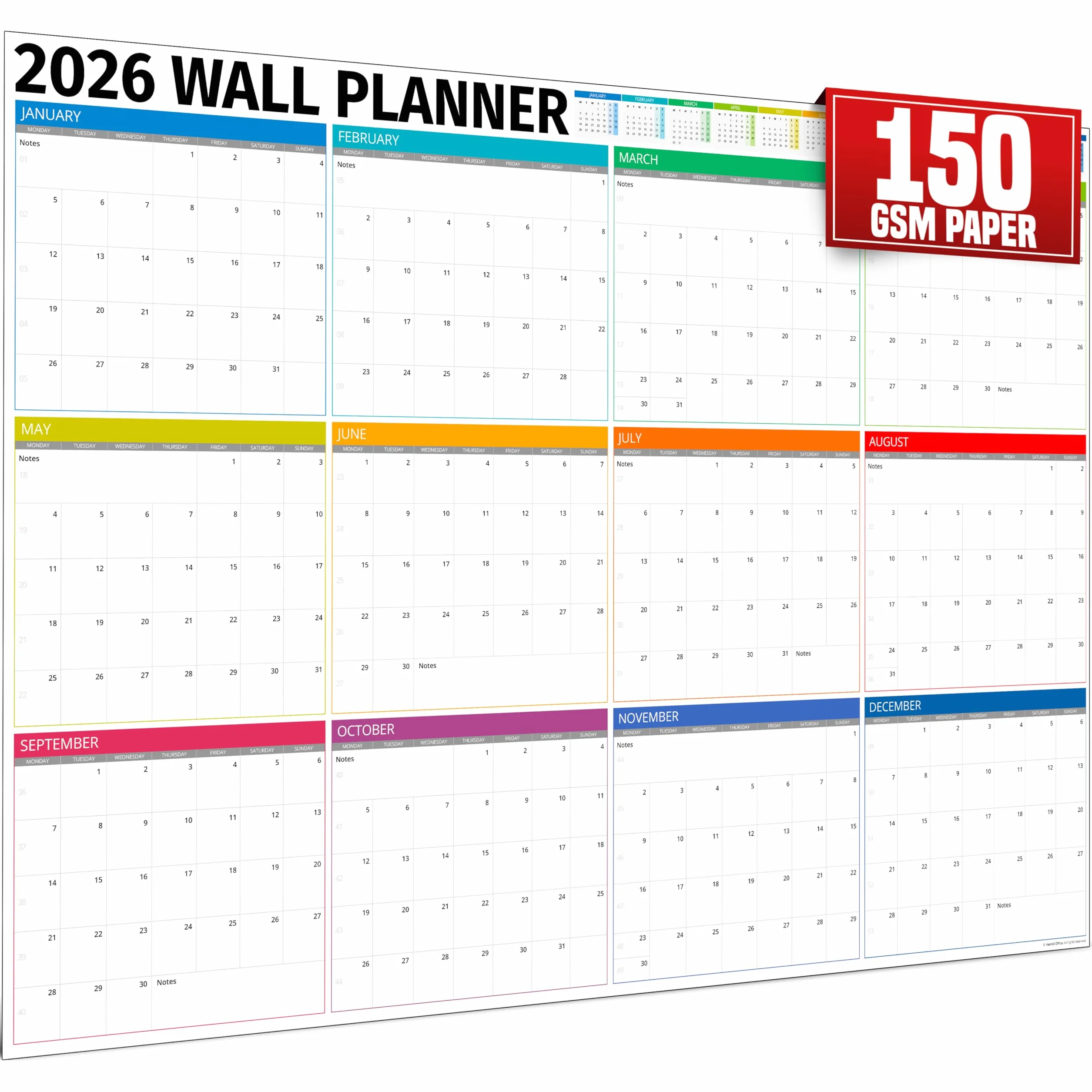 Agenda da parete 2026 UK, formato A1, extra large, 84 x 60 cm, a colori, per casa, ufficio, calendari per insegnanti e organizzatori personali, edizione con scatole piegate