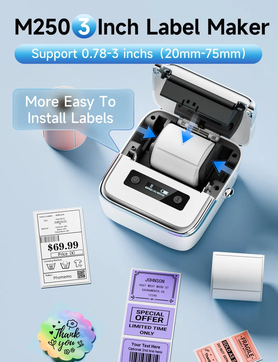 Phomemo M250 Stampante per Etichette - 3 Inch Stampante Termica Portatile, Supporto per Etichettatrice Bluetooth da 20-75 mm, Mini Stampante Etichette Adesive per Piccole Imprese, Casa e Ufficio