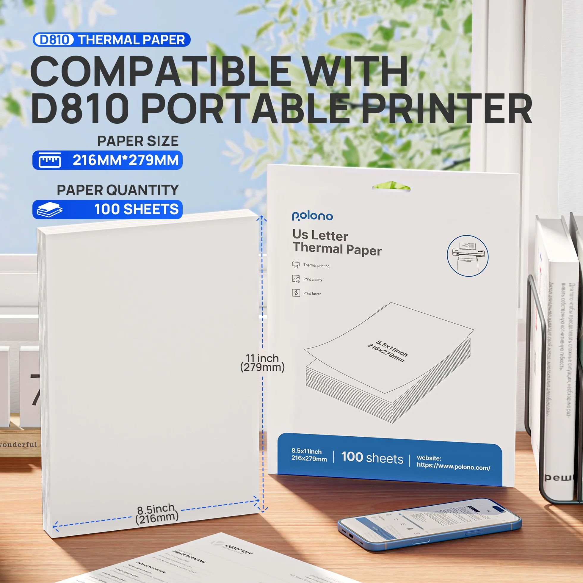 POLONO D810 Carta termica per stampante 8,5 x 11 pollici, stampa termica avanzata, carta termica formato lettera compatibile con D810, formato 8,5“ x 11”, 1 confezione, 100 fogli
