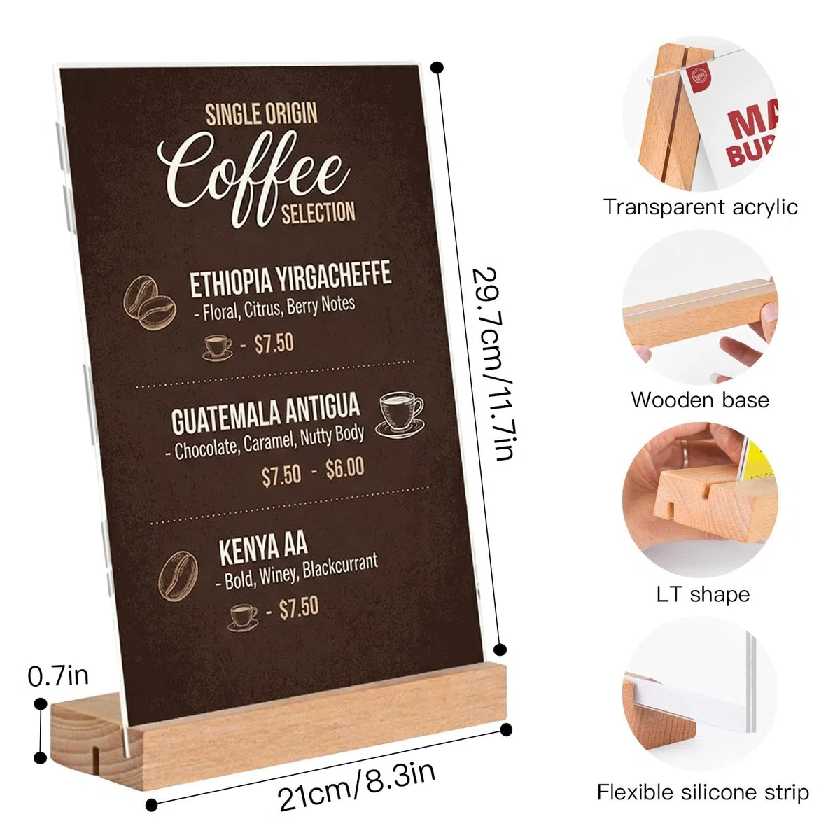 3 Pezzi Espositori da Tavolo A4 Supporto per Cartelli A4 in Acrilico Legno t Forma Porta Cartelli in Acrilico con Base in Legno per Ufficio, Ristorante (29,7x21cm)