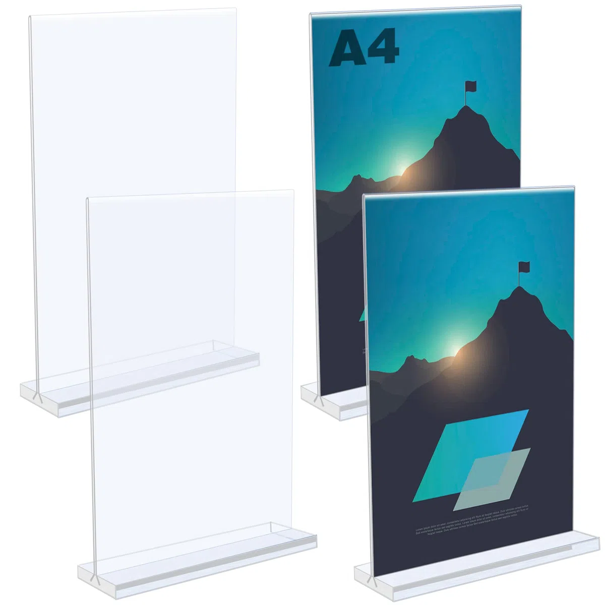 UMILKI 4 Pezzi Porta Menu da Tavolo in Acrilico, Espositore da tavolo A4 con Base, T Supporti menù, Porta Avvisi da Tavolo per Menu, Foto, Prezzi, Poster