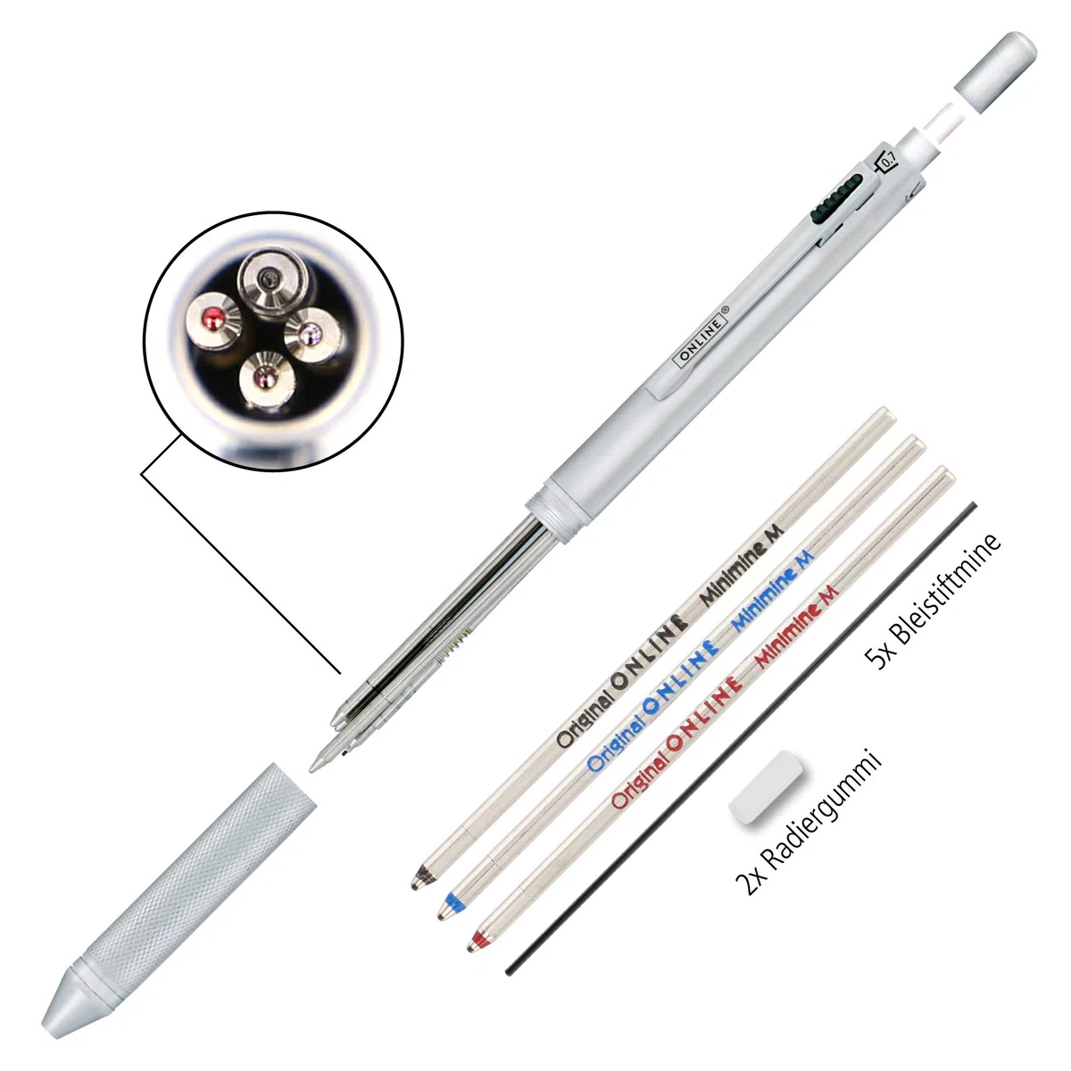 ONLINE Multipen 4-in-1 Oro Rosa | Penna multifunzione a sfera e matita in metallo | 3 cartucce per penna a sfera in blu, nero, rosso, 1 cartuccia per matita | incluso gomma da cancellare, in