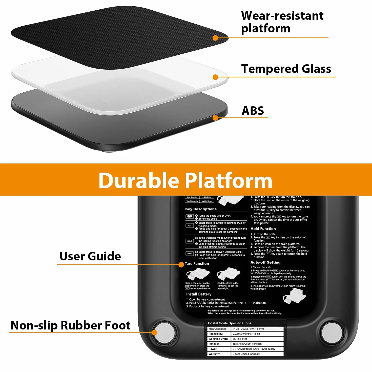 GRAM PRES Bilancia postale digitale da 200 kg/10g con display LCD, funzioni Hold/Tara/Pcs per pacchi/bagagli/ufficio postale/cani, batteria e cavo USB inclusi