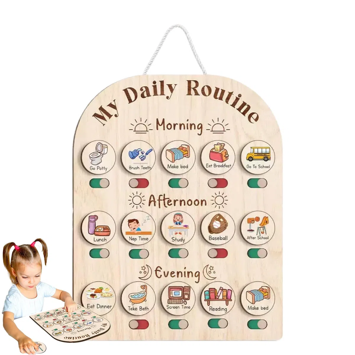 Generico Visual Schedule for Kids, Wooden Daily Schedule Board, Educational Toy Planner, Durable Wood Design, Morning Routine, School Supplies, Preschool, Childhood Learning, 35.6x30x3.8cm