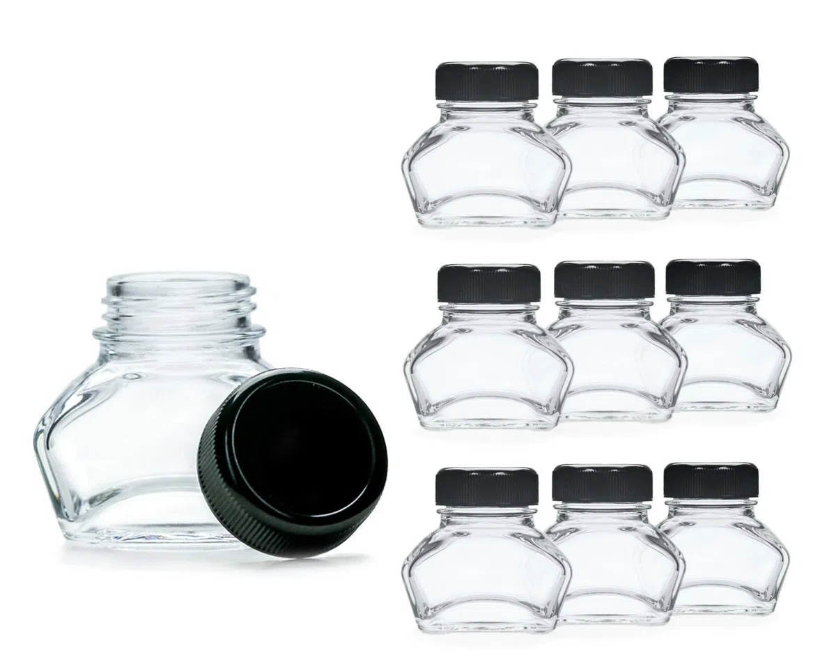 10x Vetro inchiostro, calamaio, vetro per gioielli con tappo a vite nero, volume 30ml, filettatura Ø 30mm