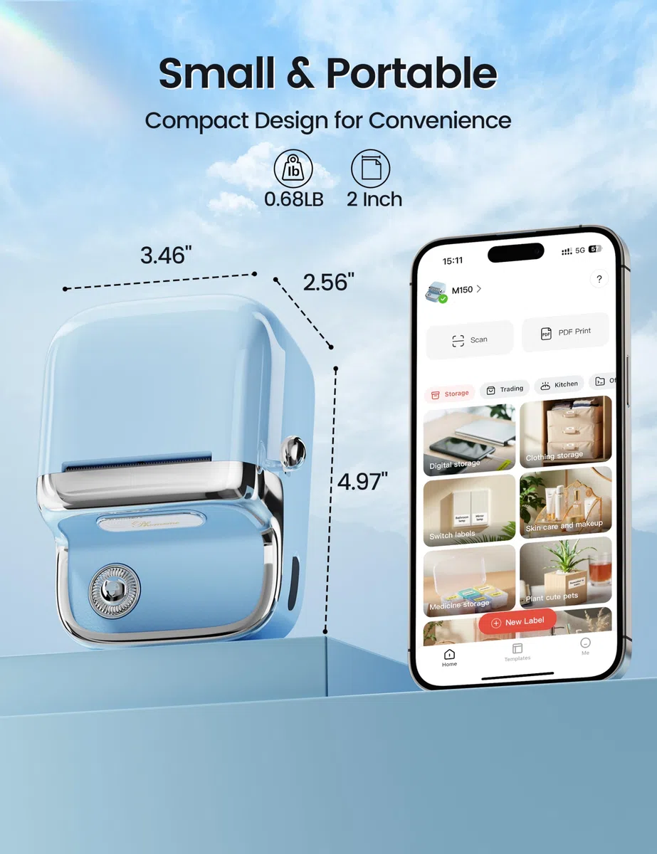 Phomemo M150 Stampante per Etichette, Etichettatrice Adesive, Bluetooth Etichettatrice Termica Autoadesiva Portatile per Codici a Barre, Ufficio, Stampante Etichette Compatibile con Telefoni e PC