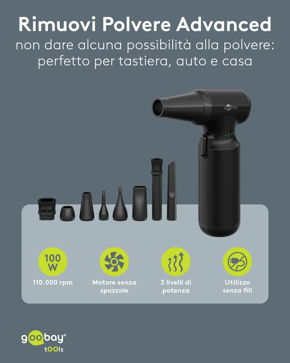 goobay soffiatore per polvere Advanced con 3 livelli, batteria da 6.000 mAh, 110.000 giri/min, fino a 80 minuti di autonomia, incl. 8 accessori per rimuovere la polvere da tastiere, PC, 77830