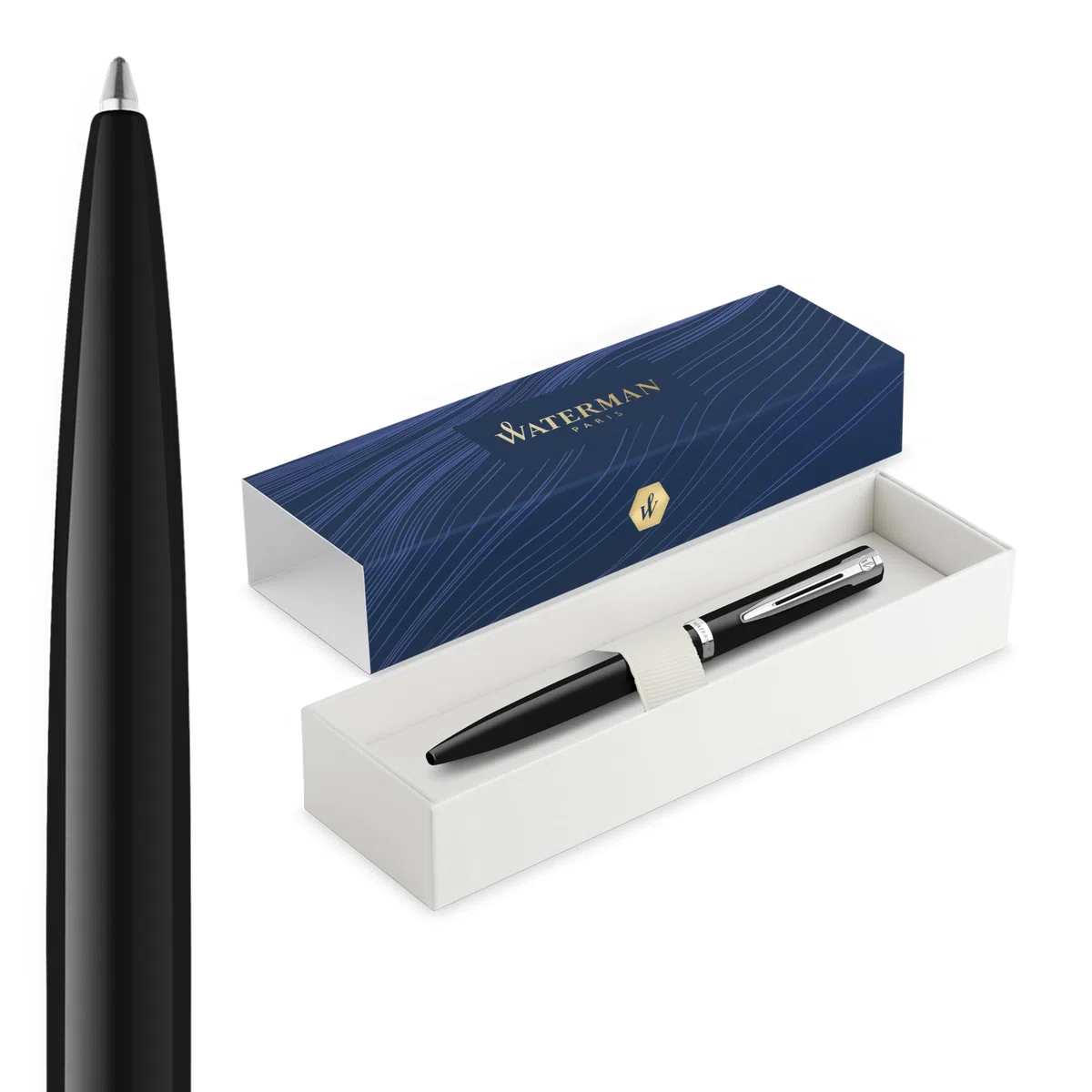 Waterman Impression Penna a sfera | Punta media con ricarica inchiostro blu | Lacca nera con finiture placcate in palladio | Confezione regalo