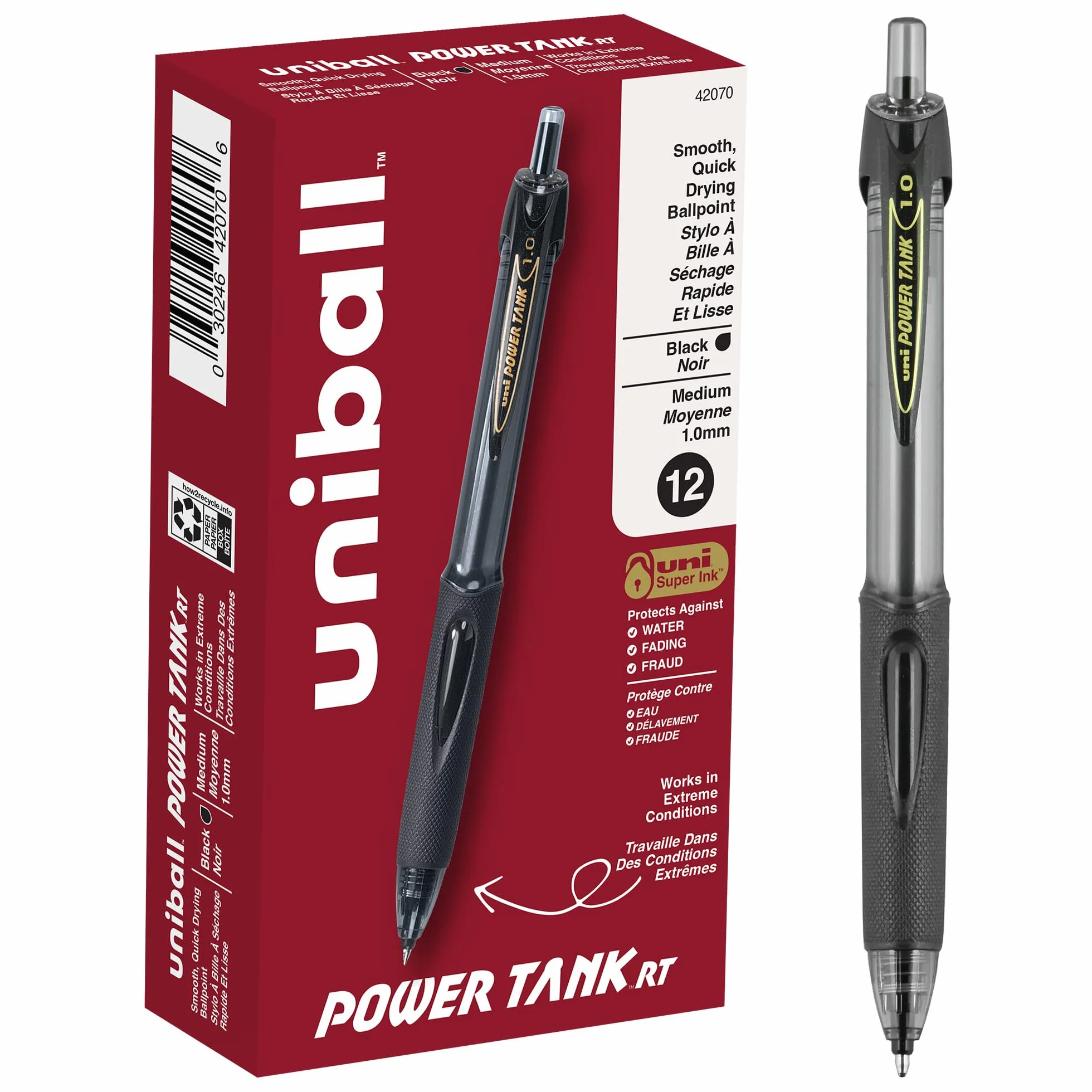 Uniball Power Tank Rt Penna a sfera retrattile, Bold 1 mm, inchiostro nero, fumè/nero