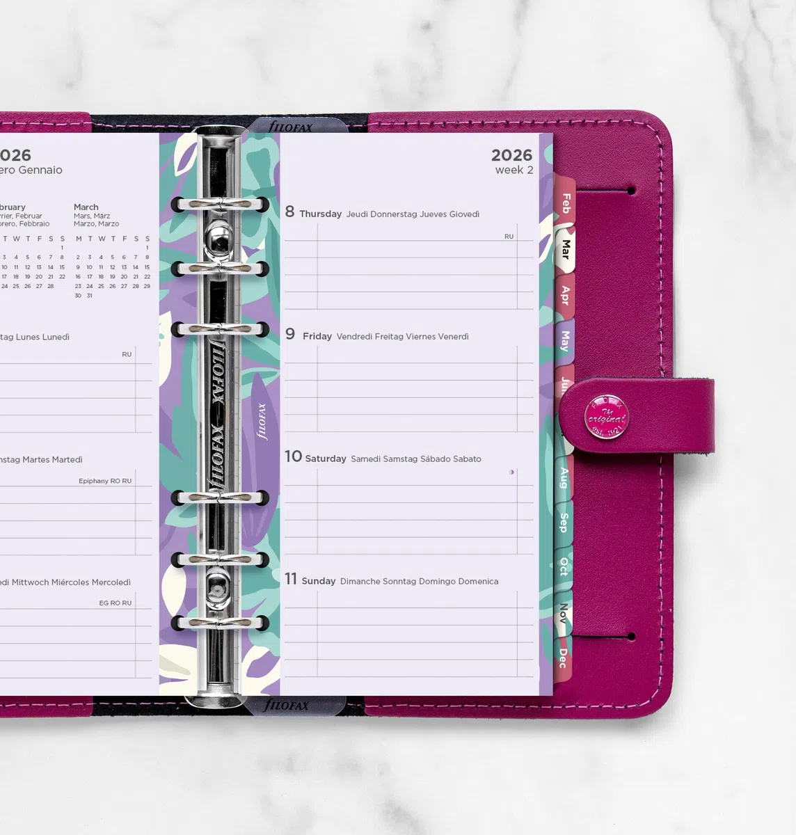 Filofax Agenda 2026 personale illustrata floreale settimana su 2 pagine, 5 lingue, confezione 26-6341