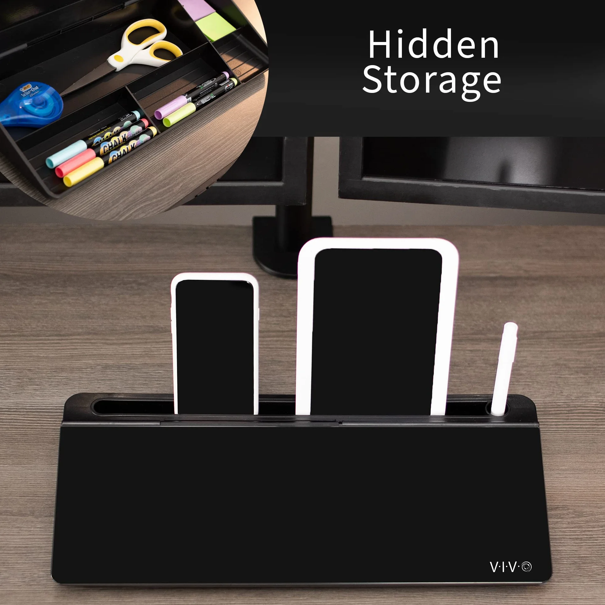 Vivo Lavagna in vetro cancellabile a secco da 40,6 x 17,8 cm con contenitore, organizer per lavagna bianca da scrivania con scomparti nascosti e slot per dispositivo, nero, DESK-WB16B