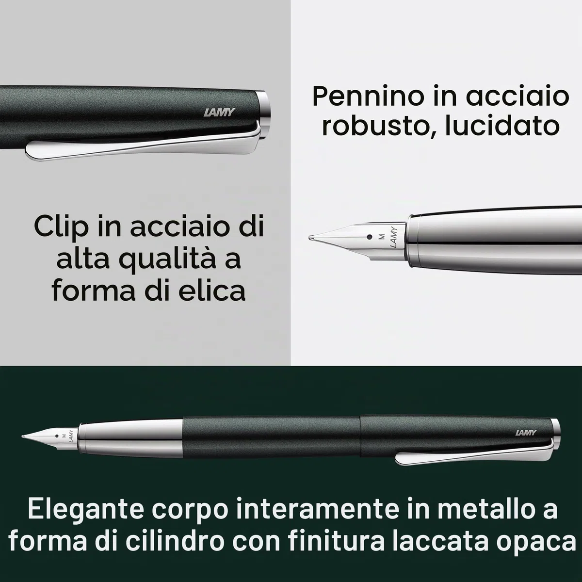Lamy Studio 069 - Penna Stilografica in Acciaio Inox Con Finitura Laccata Nera e Verde, Manico Lucido, Pennino Spessore F