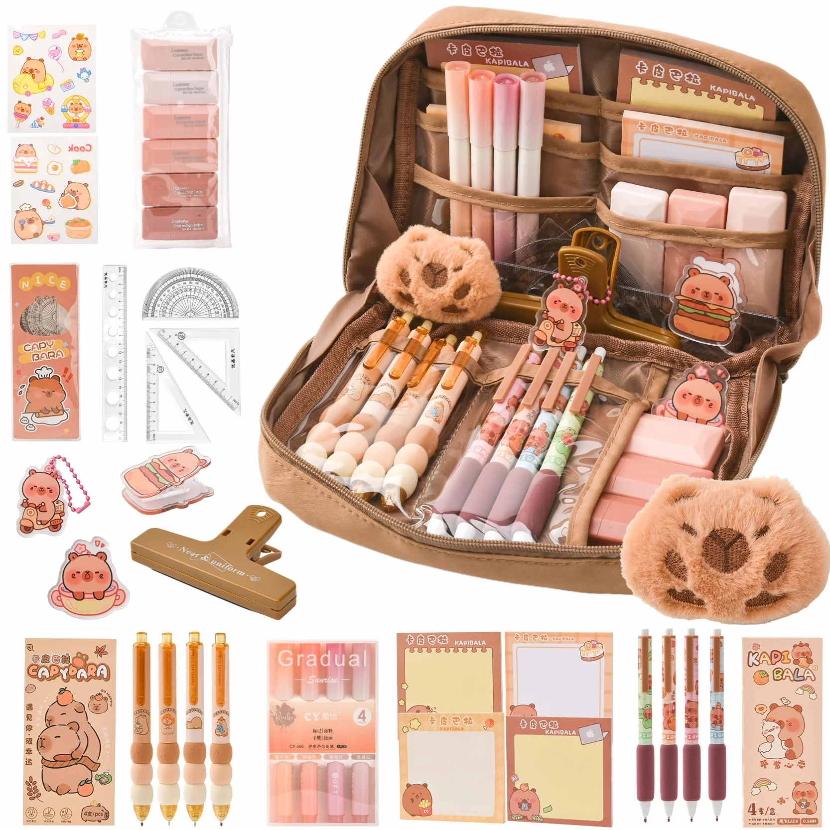 Capybara - Kit Scuola Capibara – Set Regalo Carino per Bambini & Studenti, Include Penne, Clip, Righelli – Organizzato per Scuola, Ufficio, Arte