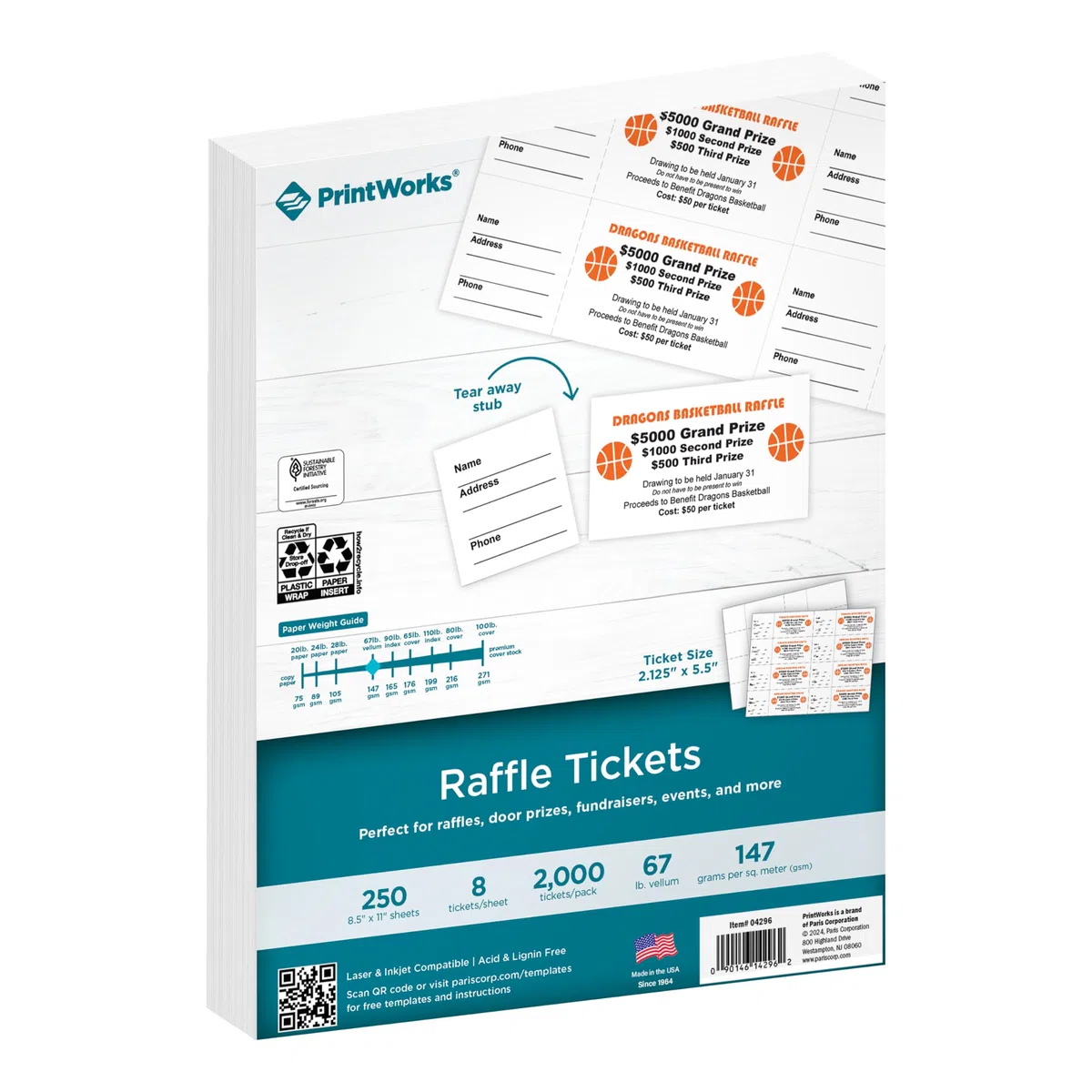 PrintWorks Cartoncino perforato pesante per biglietti della lotteria, coupon e altro ancora, 20 x 11, 30 kg, 8 biglietti per foglio, 250 fogli, 2000 biglietti totali, bianco (04296) (2,125 x 5,5)