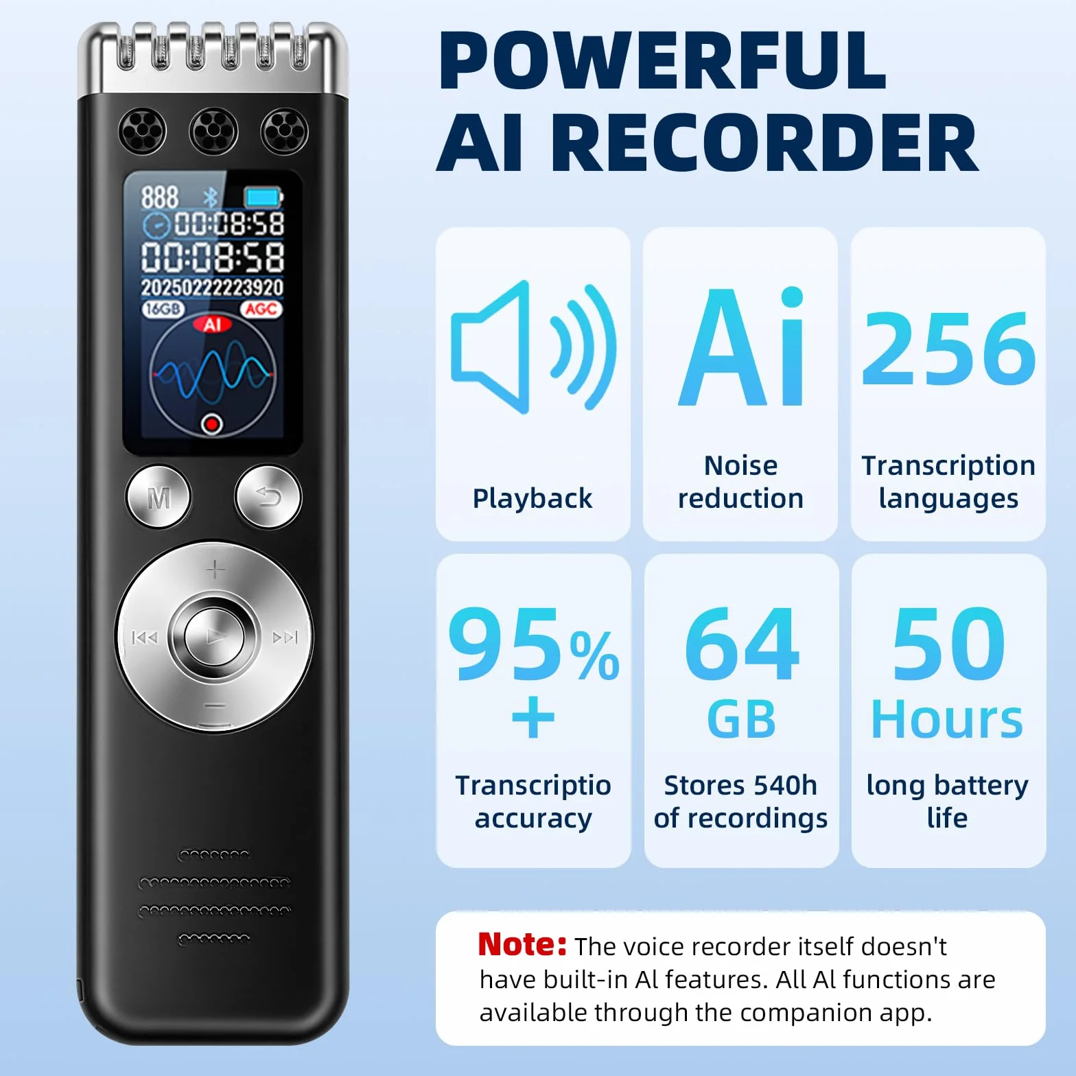 64GB Registratore Vocale AI- Registratore Vocale Professionale Portatile Trascrivi e Riassumi con Tecnologia AI, Supporta 256 Lingue, Controllo App, per Conferenze Riunioni Colloqui Classe
