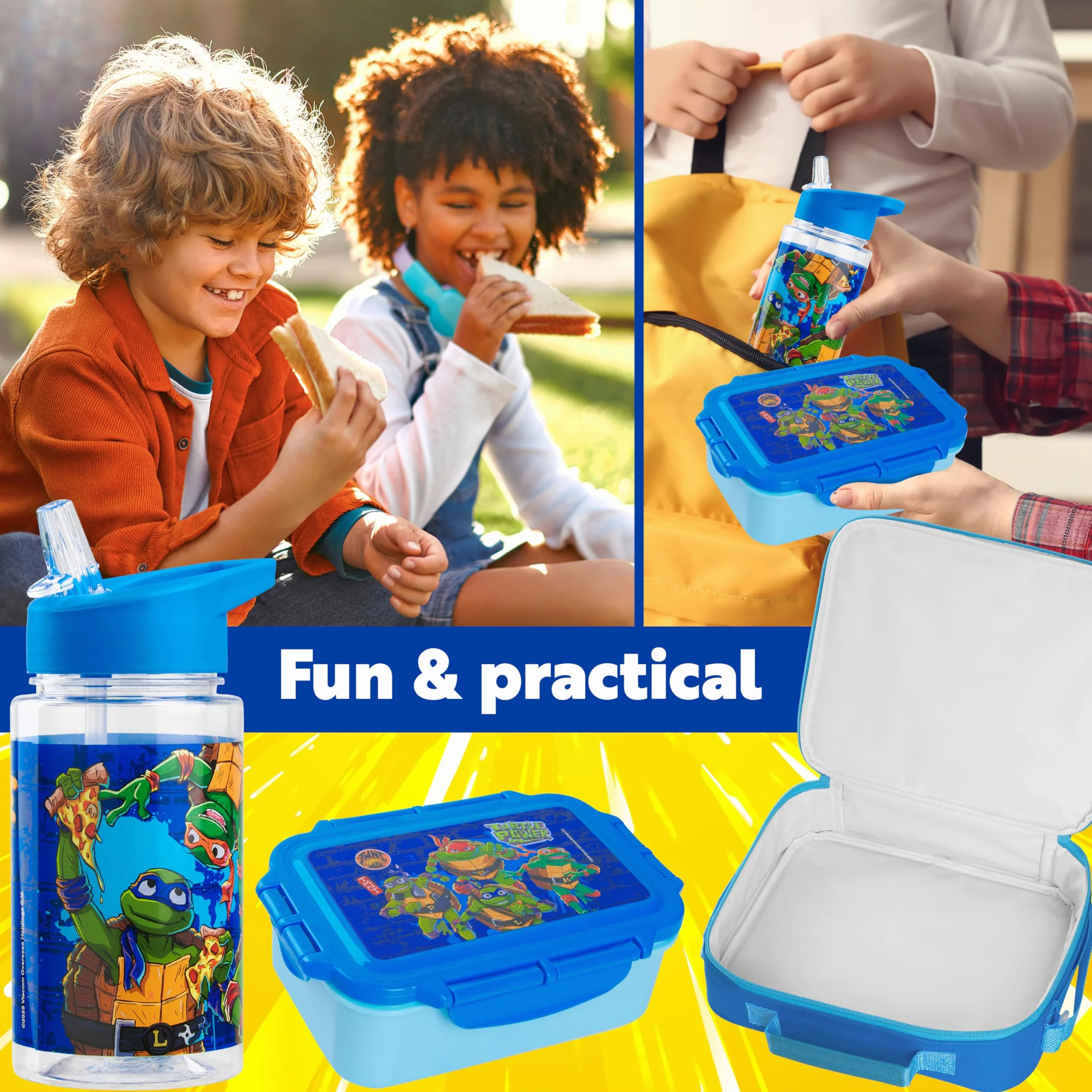 Get Trend Teenage Mutant Ninja Turtles Borsa Porta Pranzo con Porta Merenda Borraccia Bambini Senza BPA Set 3 Pz Materiale Scolastico per Viaggiare Picnic (Blu TMNT)