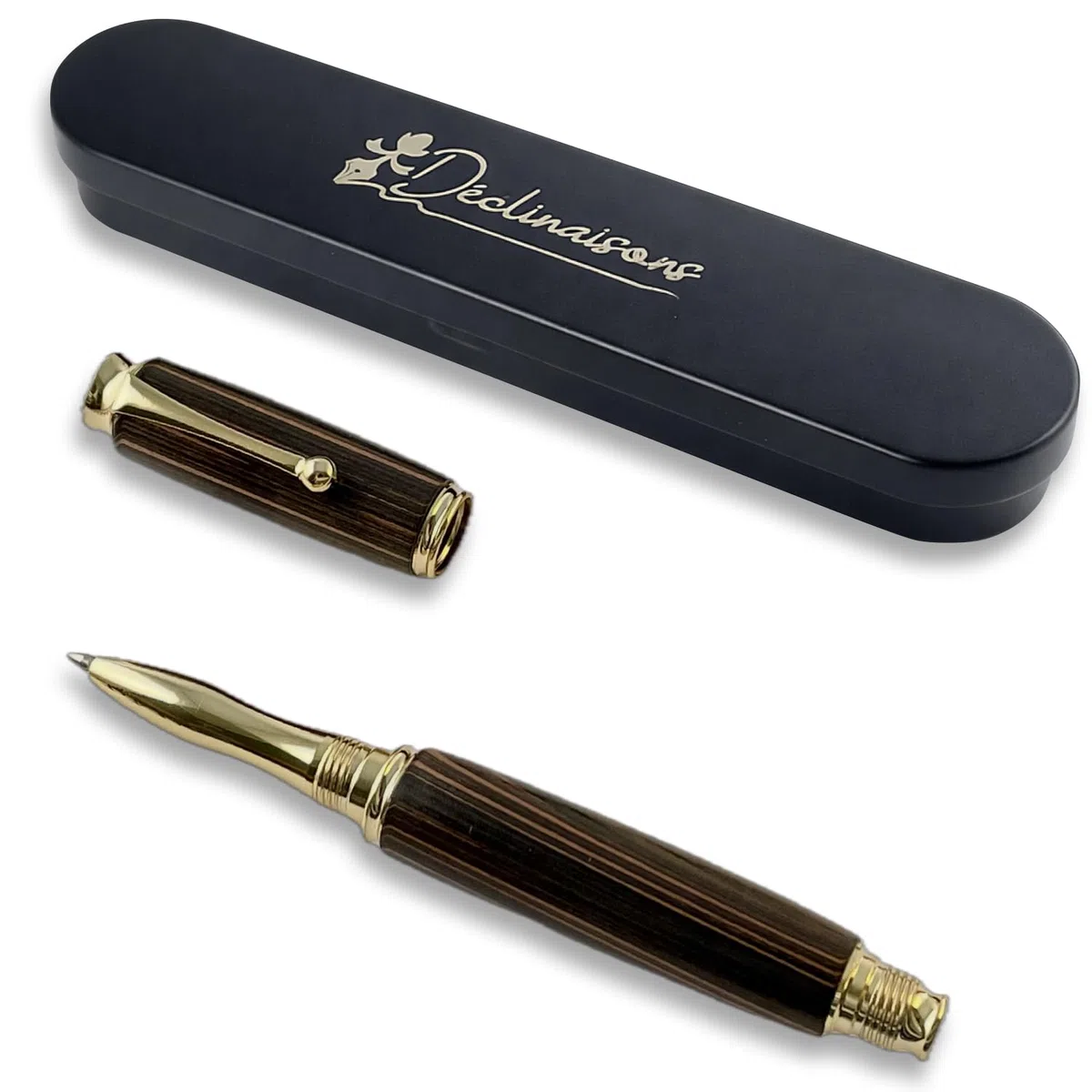 Penna Roller Premium Legno Ébano di Macassar Personalizzabile, Realizzato a mano in Francia, Personalizzato con incisione, Scatola Regalo Metallica Inclusa