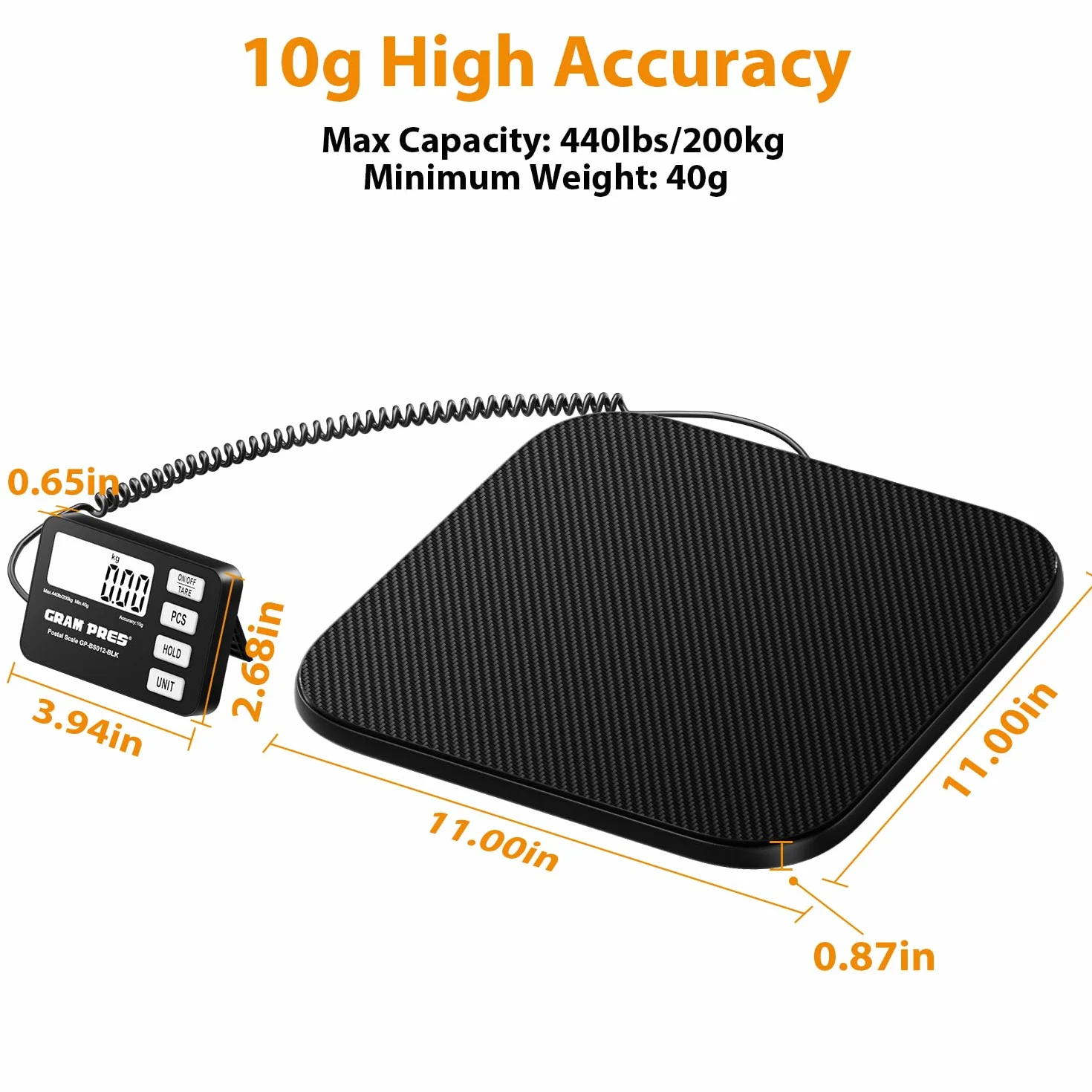 GRAM PRES Bilancia postale digitale da 200 kg/10g con display LCD, funzioni Hold/Tara/Pcs per pacchi/bagagli/ufficio postale/cani, batteria e cavo USB inclusi