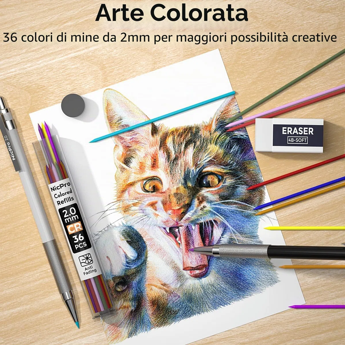 Nicpro 5 Pezzi 2mm Metallo Matite Meccaniche con Pelle Astuccio, Art Portamine Falegname Set con Grafite Mine Nero & Colore (4B 4B 2B HB 2H) Gomma Temperamatite per Artista Disegno Scrittura Schizzi