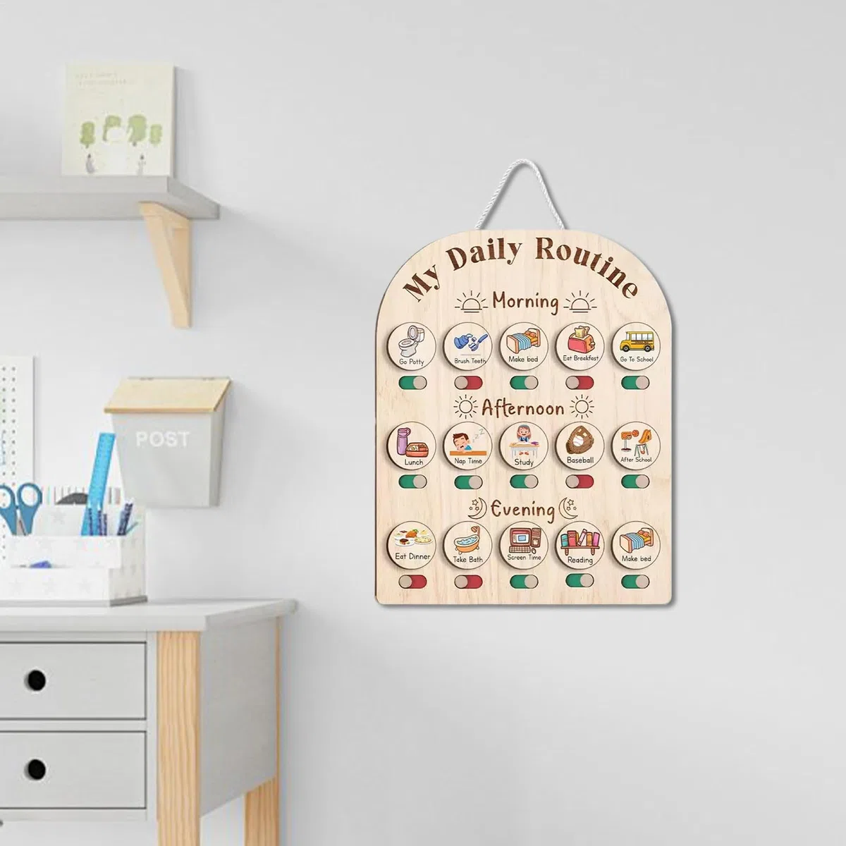 Generico Visual Schedule for Kids, Wooden Daily Schedule Board, Educational Toy Planner, Durable Wood Design, Morning Routine, School Supplies, Preschool, Childhood Learning, 35.6x30x3.8cm