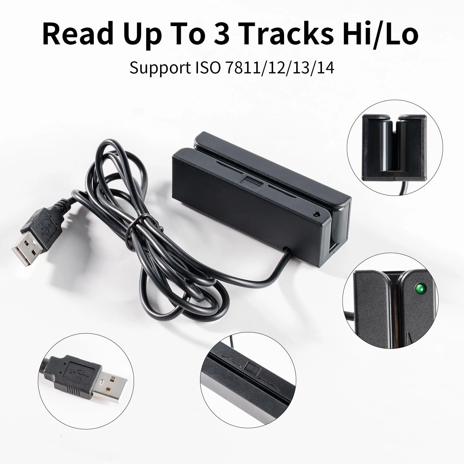 Mini MSR90-USB lettore di carte di credito a banda magnetica con cicalino supporta l'acquisizione dati a 3 tracce ed è adatto per sistemi POS (Point of Sale) e sistemi di controllo accessi.
