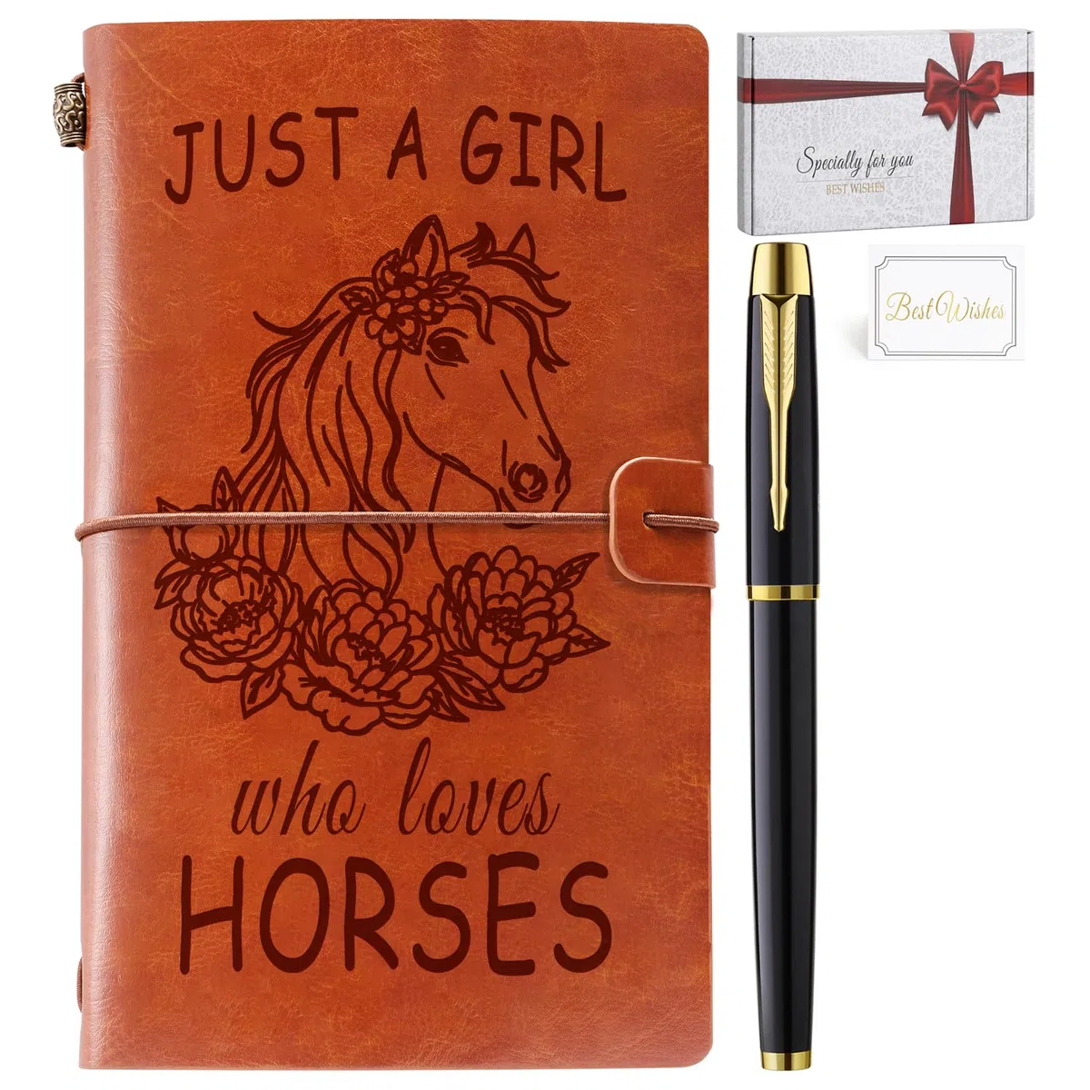 Diario in pelle con penna, con scritta "Just A Girl Who Loves Horses", regalo per ragazze e amanti dei cavalli, taccuino ricaricabile in pelle, quaderno da disegno, diario di viaggio
