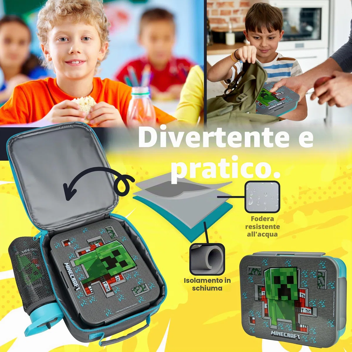 Get Trend Minecraft Borraccia, Borsa Porta Pranzo e Porta Merenda Bambini, 3Pz Set, Materiale Scolastico, Portamerenda BPA Gratuito, A Prova di Perdite (Multi Minecraft)