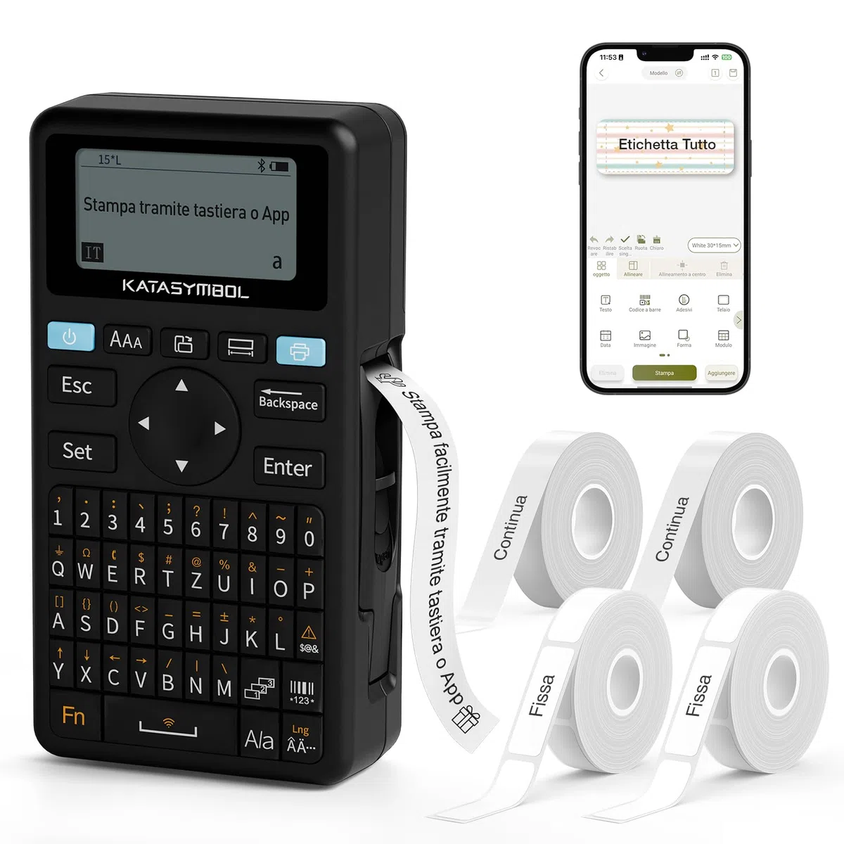 SUPVAN E11 Etichettatrice Bluetooth con 4 Nastri, Supporta Tastiera e App con 40+ Font e 600+ Icone, Stampante Etichette Adesive Ricaricabile senza Inchiostro per Casa, Cucina, Scuola, Ufficio, Nero