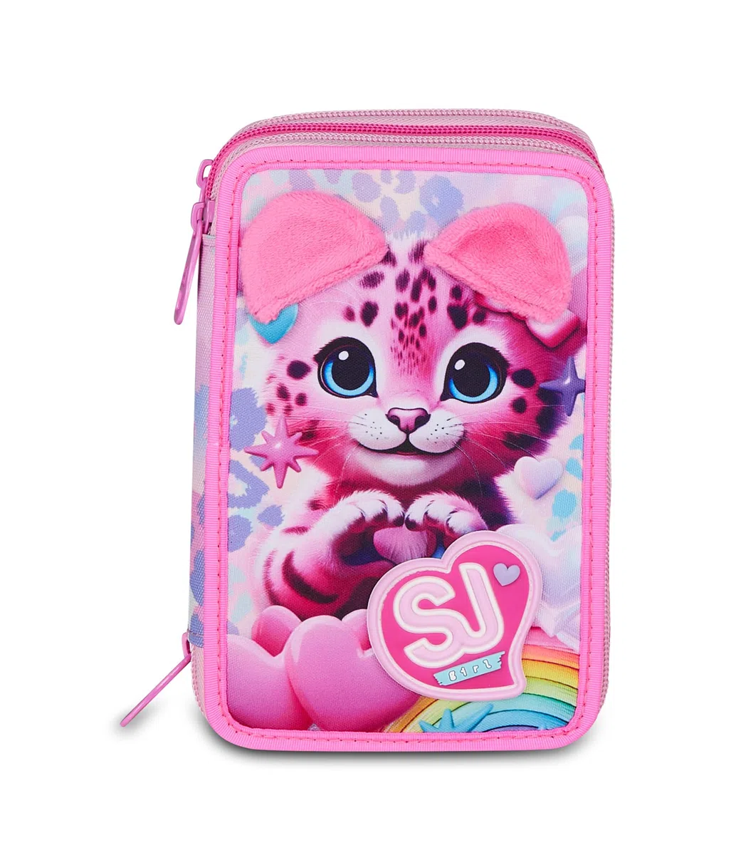 SJ GANG STYLE JAM GANG Astuccio Scuola 3 Zip HEART BUDDY GIRL, Rosa, Triplo Scomparto, 45 pezzi, Set cancelleria incluso, Pratica chiusura con zip, Scuola elementare, Bambina