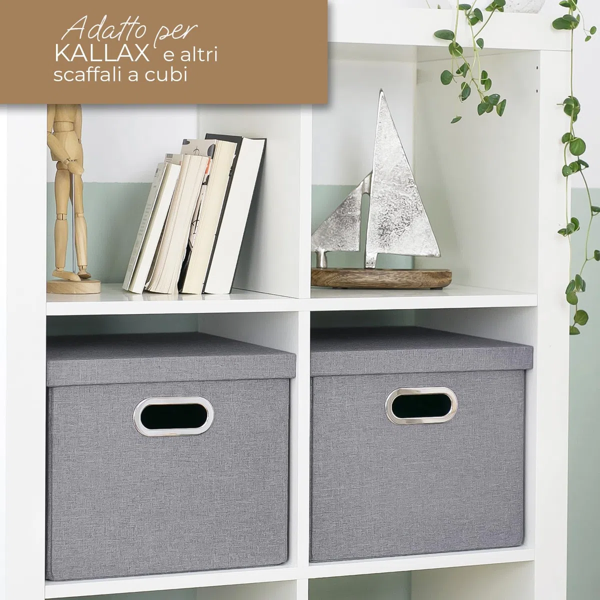 HMF scatola porta oggetti con coperchio per cartelle sospese DIN A4 | adatta per Kallax | 33 x 37,5 x 28 cm | grigia