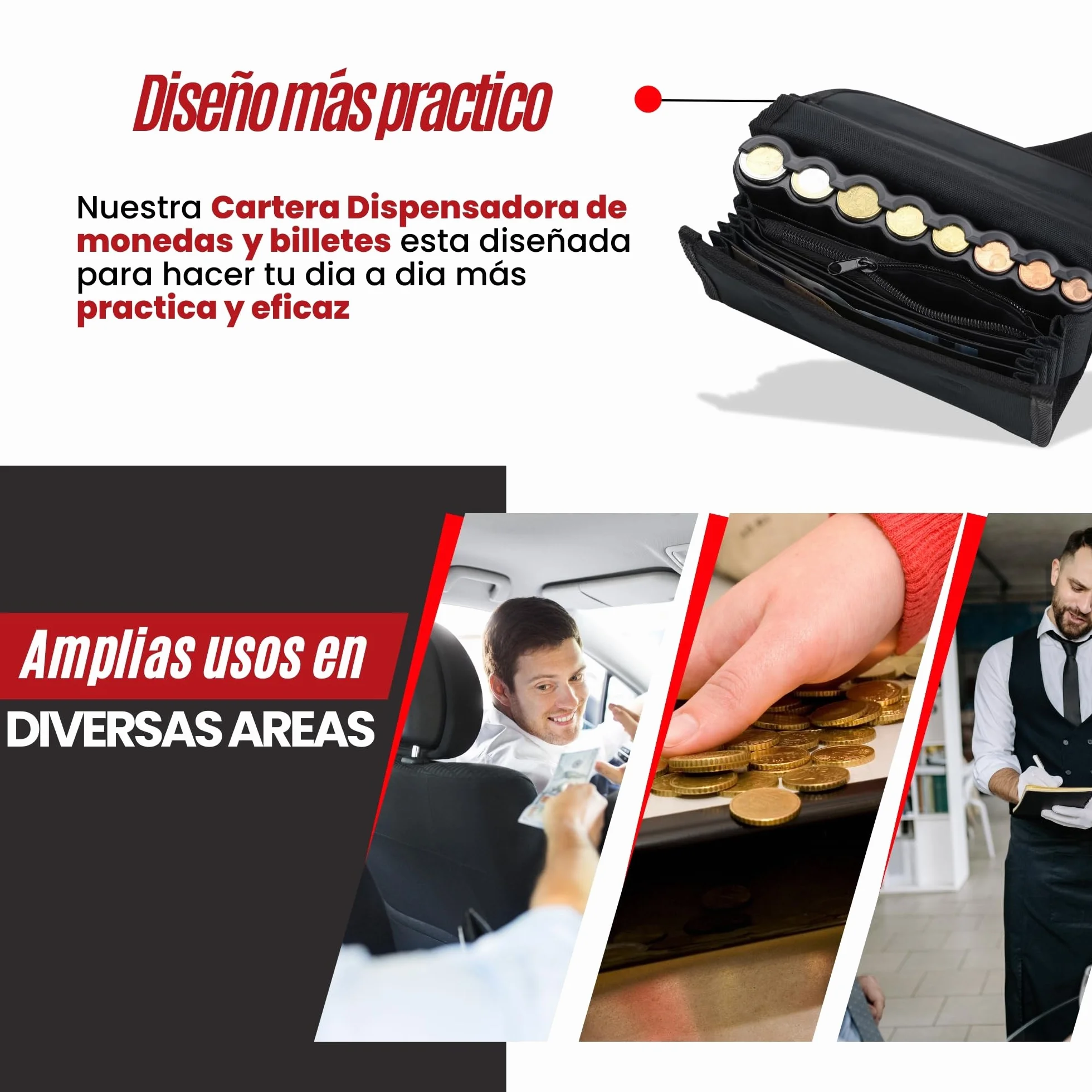 Portamonete e banconote + penna rilevatore banconote false | Marsupio barista e dispenser di monete per taxi, camerieri, venditori (nero + marsupio)