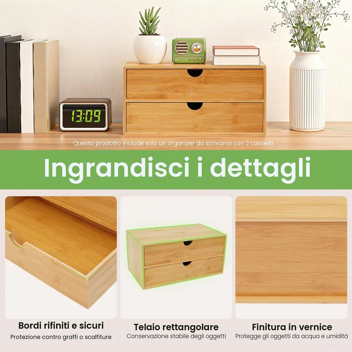 Organizzatore per Scrivania, Cassetto in Bambù Mini Cassettiera, Design Monopezzo, Scaffalatura per Trucco con 2 Cassetti per Ufficio, Soggiorno e Camera da Letto