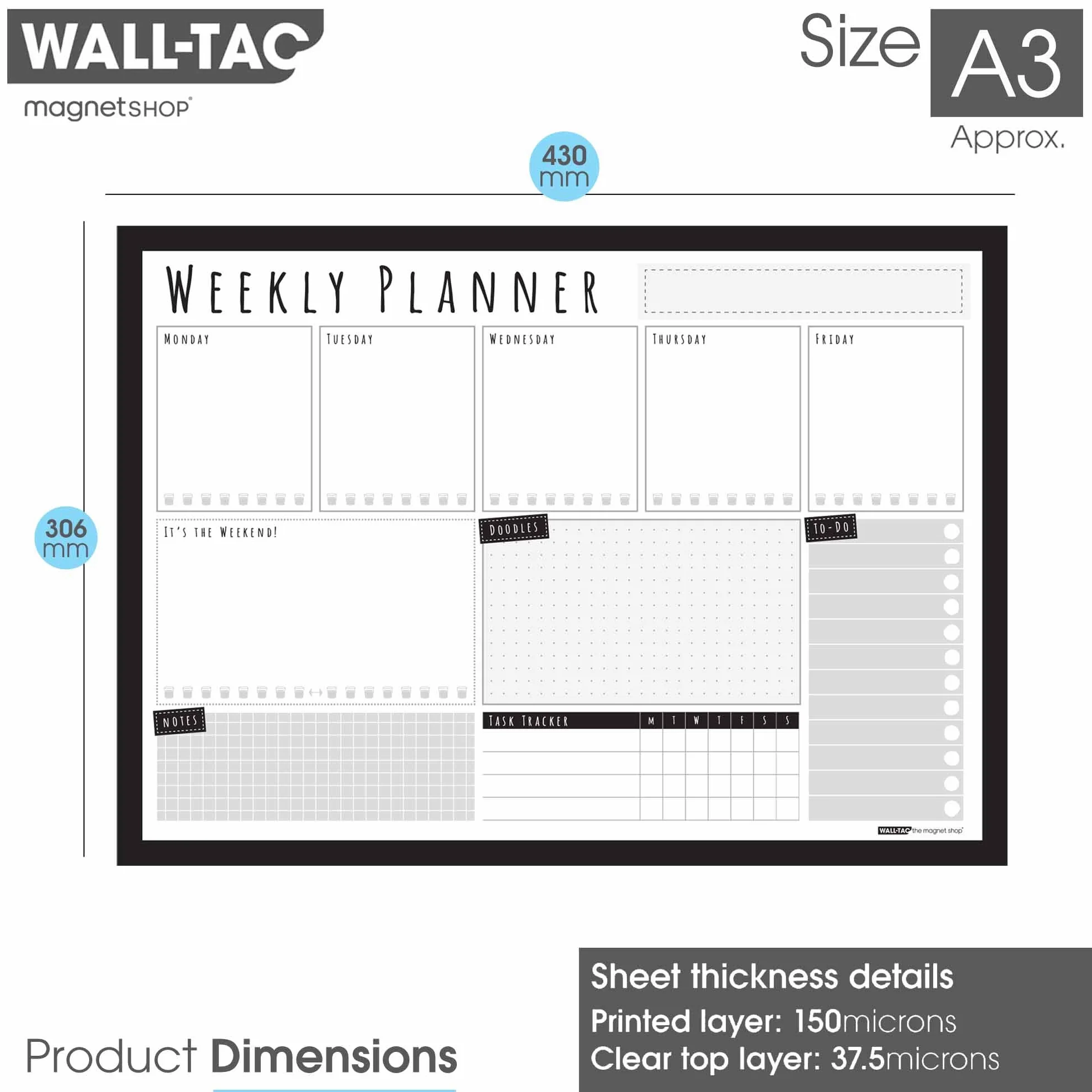 The Magnet Shop WallTAC A3 Agenda Settimanale Lavagna Adesiva per Parete | Prodotto nel Regno Unito | Calendario cancellabile a secco facile da rimuovere con adesivo riutilizzabile