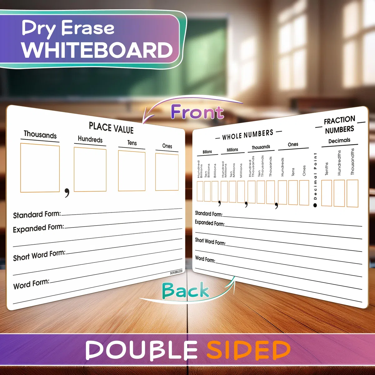 SCRIBBLEDO Place Value Board 22,9 x 30,5 cm Lavagna a doppia faccia cancellabile a secco per bambini per insegnare valori di luogo da miliardi a numeri decimali, lapboard manipolativo per matematica,