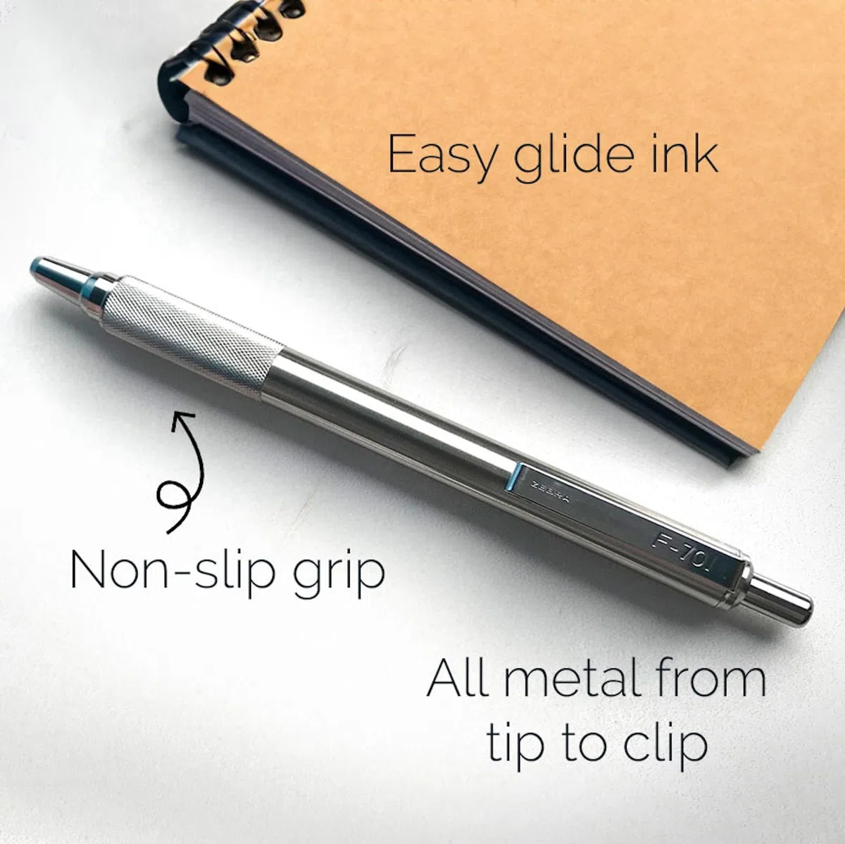 Zebra Pen Penna a sfera retrattile F-701, punta fine da 0,8 mm, corpo in acciaio inossidabile, ideale per regali per insegnanti, materiale scolastico e forniture per ufficio, inchiostro nero