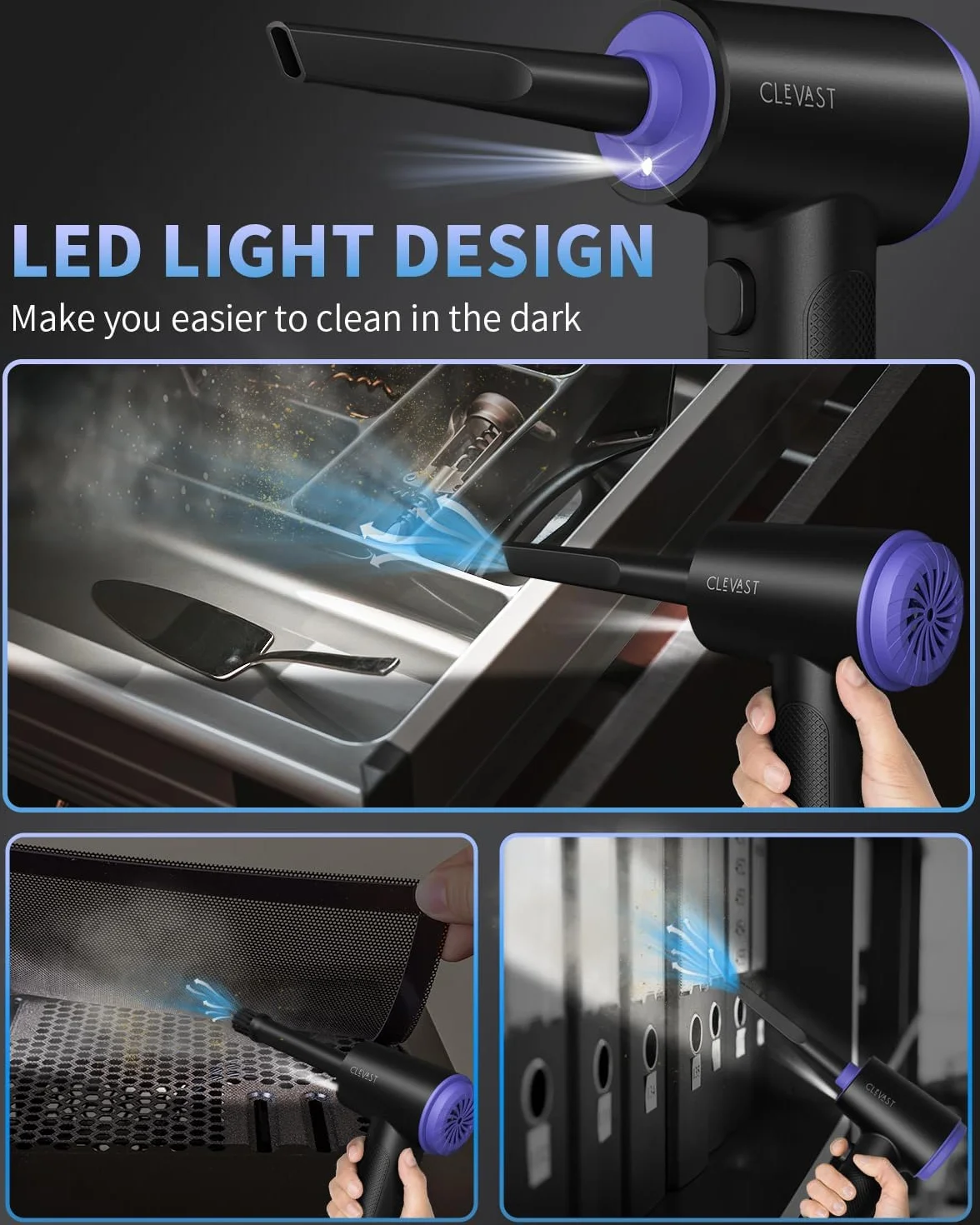 CLEVAST Elettrico Rimuovi Polvere Aria Compressa Senza Fili, 3 in 1 Bomboletta Aria Compressa 3 Velocità 110000RPM, Aria Compressa PC Air Duster Con luce LED Compressore Aria per Computer