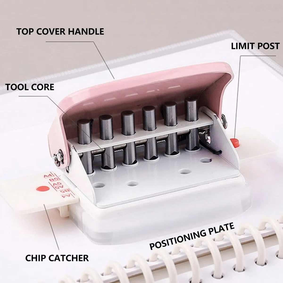 Mini Rilegatrice, Rilegatrice per Libri Cinch a 6 Fori, Perforare 5 Fogli, per A4 30 Fori B5 26 Fori A5 20 Fori Pagine Interne per Lavagna a Fogli Mobili (Rosa)
