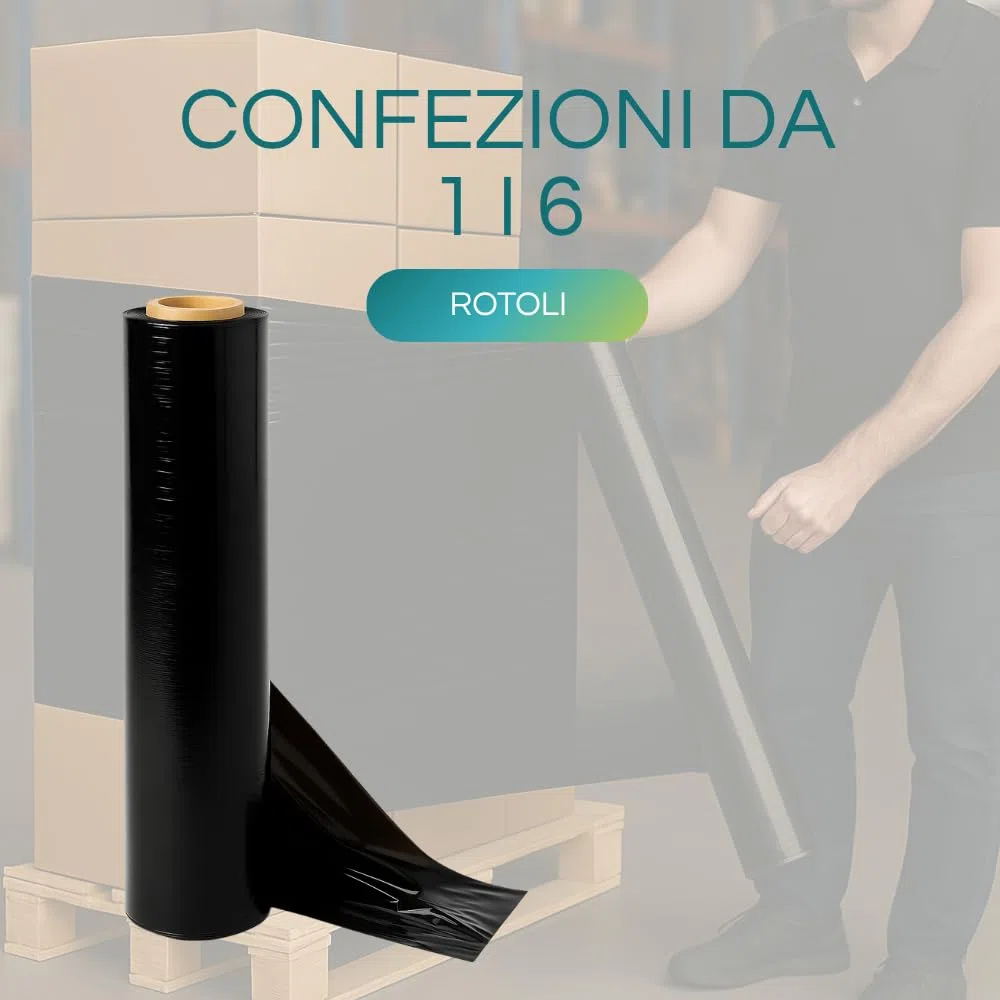 Pellicola 6 Rotoli Film Estensibile Nero Manuale, Spessore 23mycron, Bobina di Estensibile per Imballaggio, peso 2,4kg, di Altezza 500mm