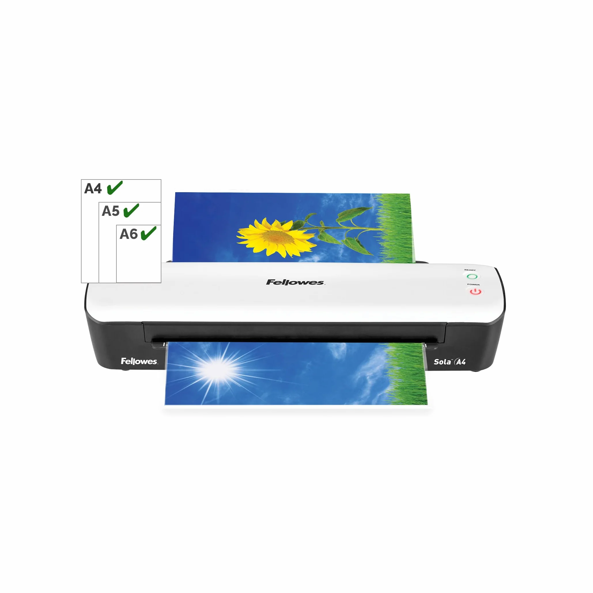 Fellowes plastificatrice Sola, formato A4, fino a 125 micron, uso domestico, plastificatrice con leva di sblocco e modalità riposo, riscaldamento in 4 minuti [ESCLUSIVA AMAZON]