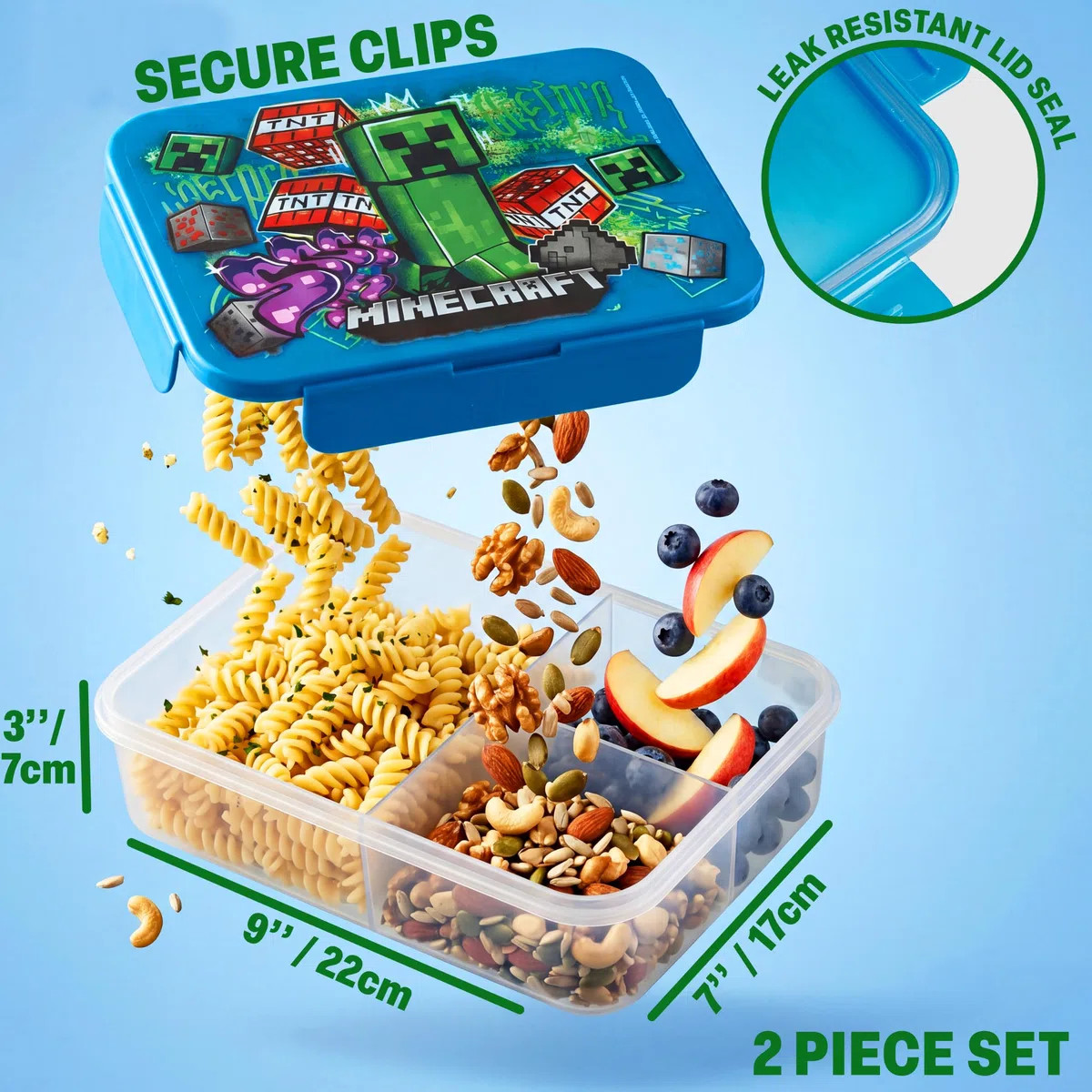 Get Trend Minecraft Porta Pranzo Bambini, Set 2 Pezzi con Senza BPA Bento Box 3 Scomparti e Borraccia Coperchio Apribile con Cannuccia 640ml, Scuola Idea Regalo (Multi Minecraft)