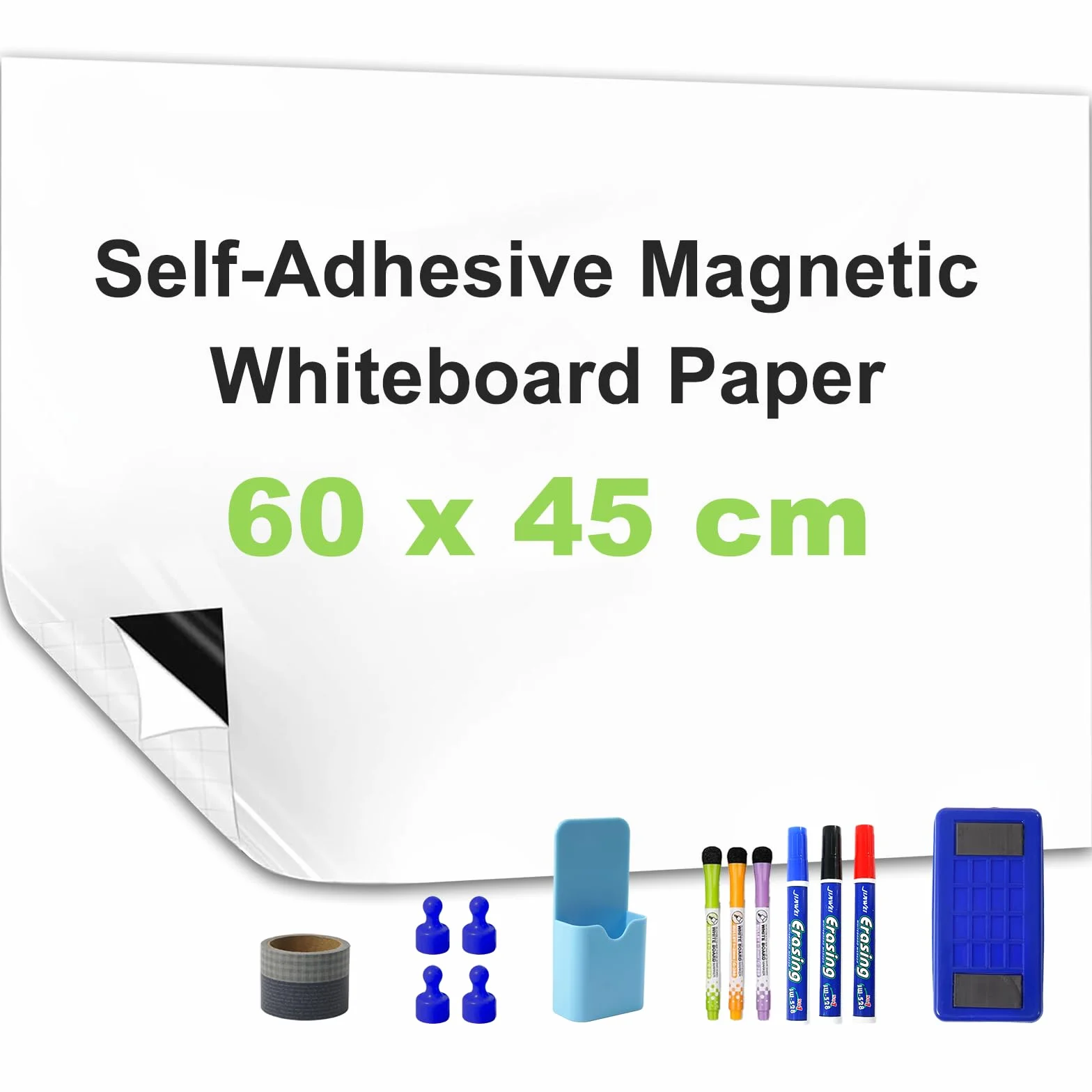 Lavagna Bianca Magnetica Autoadesiva, 60 x 45 cm, Foglio Lavagna Cancellabile Bianca, Lavagna da Parete per Scuola, Ufficio e Casa, Include Pennarelli, Cancellino e Magneti
