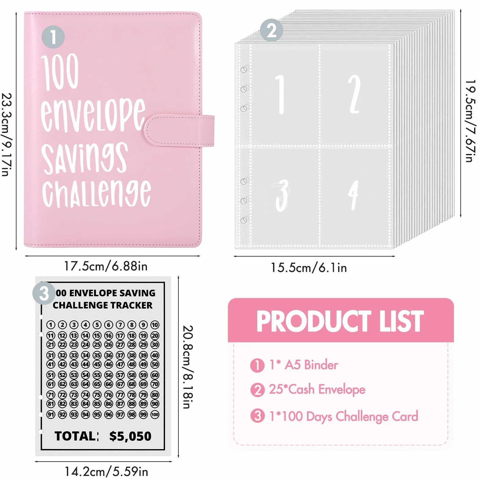 100 Envelope Saving Challenge, Libro del Risparmio, Cartelle Sfide, Pianificatore di Budget, Challenge del Risparmio con Buste Trasparenti per Denaro, Fogli di Budget, Cartelle per Risparmiare Denaro