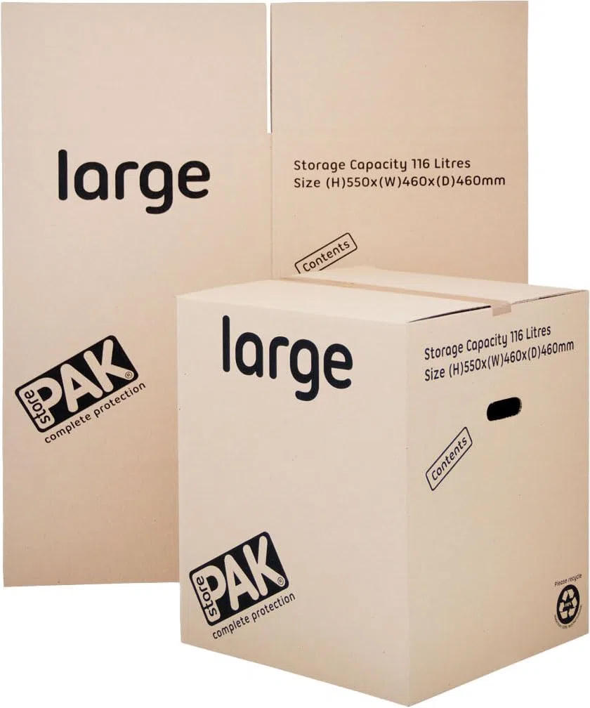 10 StorePAK - Scatole resistenti con manici per il trasporto, adatte per stoccaggio, spedizione, imballaggio e trasloco (confezione da 10), 116 litri, 55 x 46 x 46 cm, 100% riciclate e riciclabili,