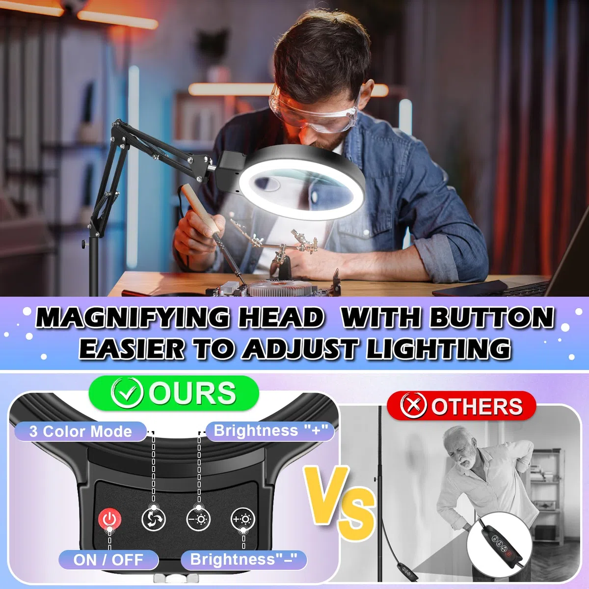 NZQXJXZ 10X 30X Lente Ingrandimento con Luce e Supporto, 2 in 1 Lampada d'Ingrandimento da Pavimento Dimmerabile a 72 LED, Lente di Ingrandimento per Lettura, Lavori Ravvicinati, Hobby