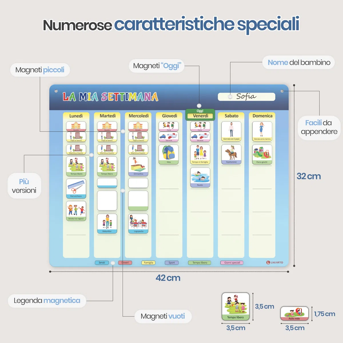 LIKARTO Calendario settimanale per bambini - Lavagna magnetica da parete Montessori con 198 magneti e cordoncino - completamente scrivibile e cancellabile - Promuovere l'indipendenza