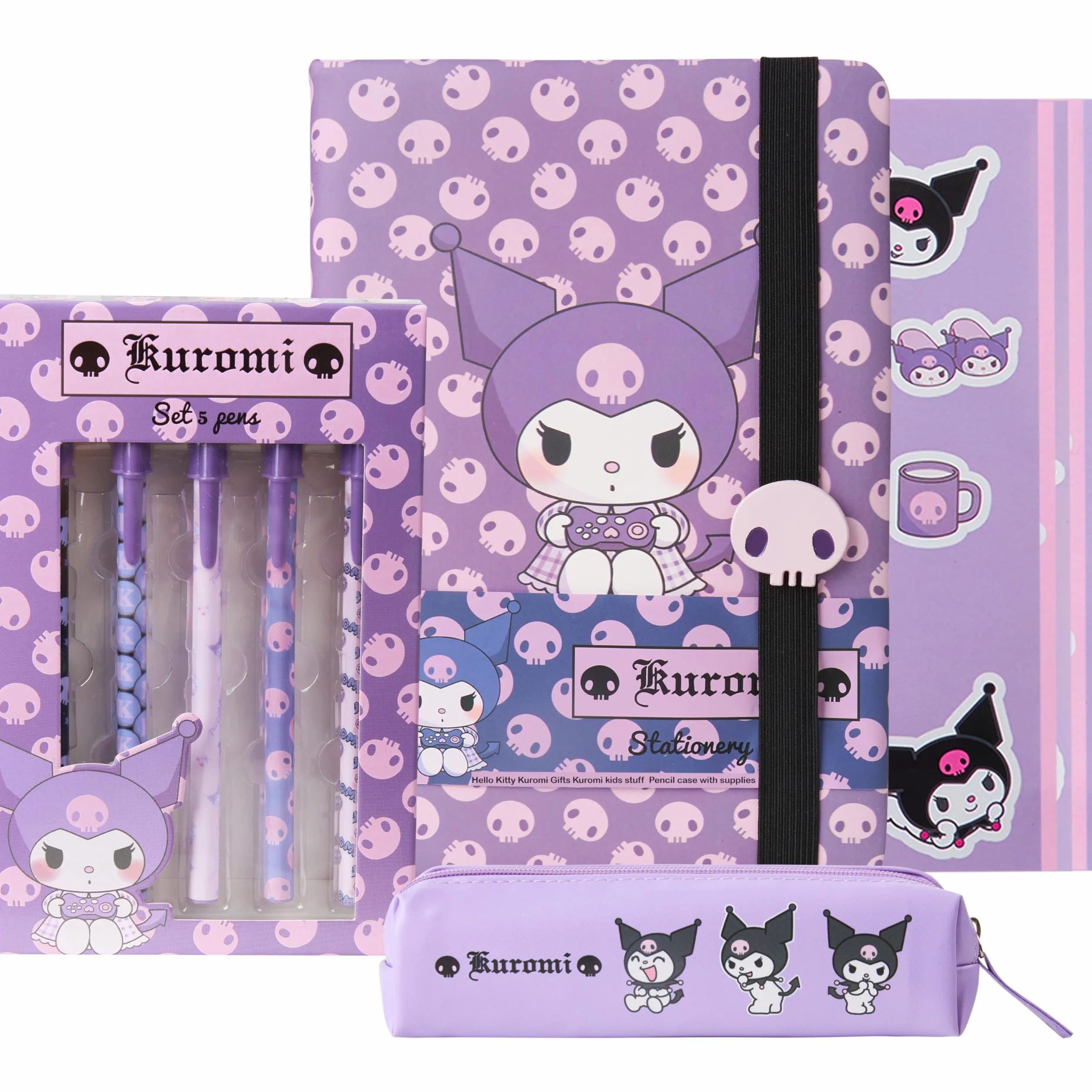Get Trend Hello Kitty Sanrio Kuromi Set Cancelleria con Quaderno Diario Penna a Sfera Astuccio Matite Stickers Anime Materiale Scolastico e Ufficio (Viola Kuromi)