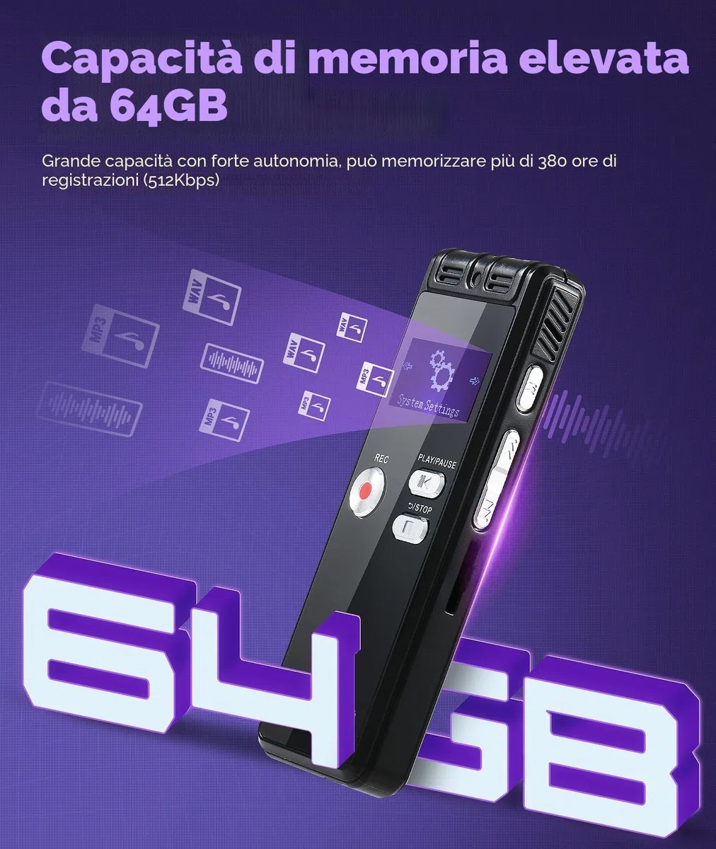 Registratore vocale con Playback 64 GB – 1536 Kpbs, dispositivo di registrazione audio one-touch con cancellazione del rumore per interviste/classi/riunioni