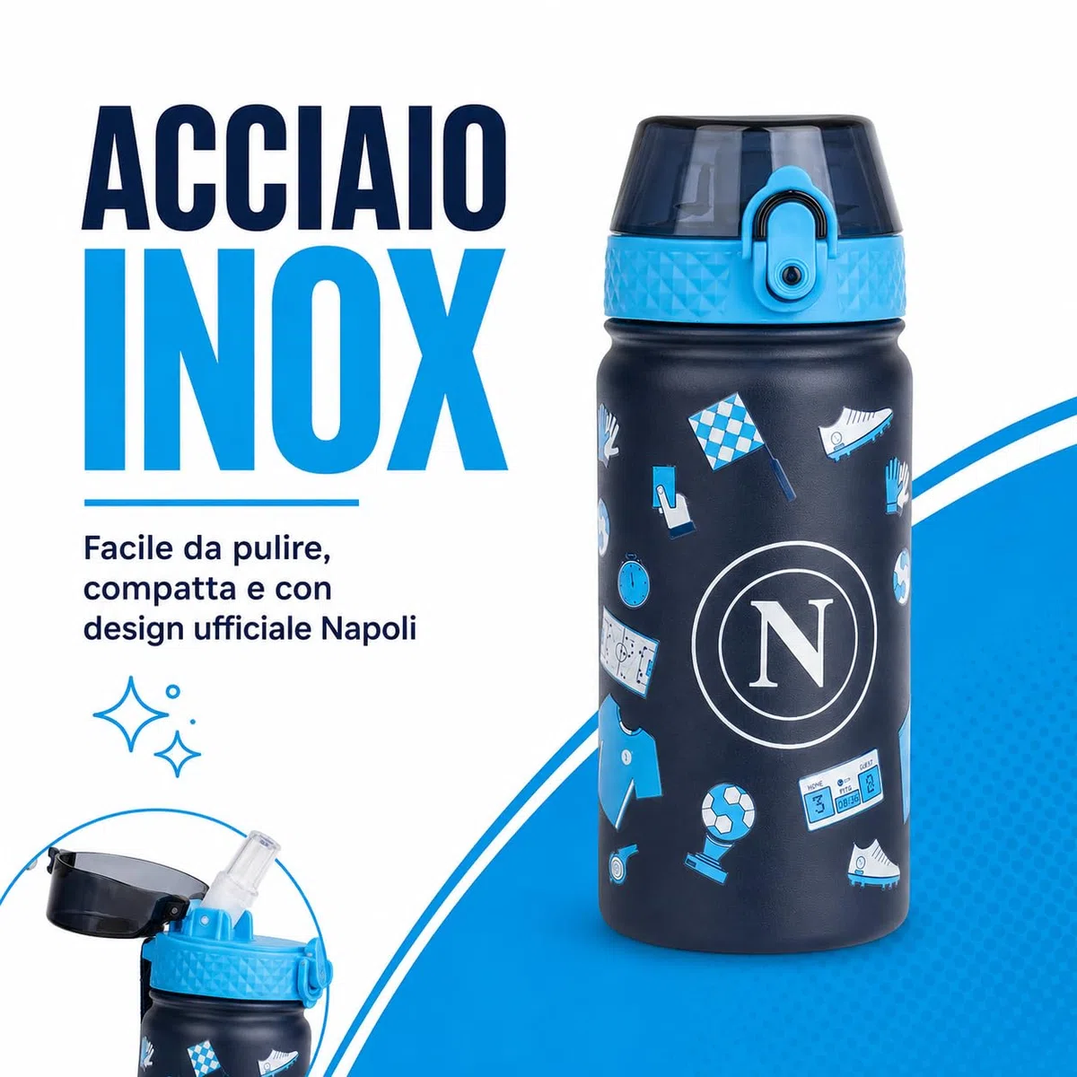Colourbook Borraccia Termica Bambini 400 Ml Napoli Ufficiale, Acciaio Inox, 12 Ore Caldo Freddo, Beccuccio Silicone, Per Scuola Asilo Sport Piccoli Tifosi (Blu)