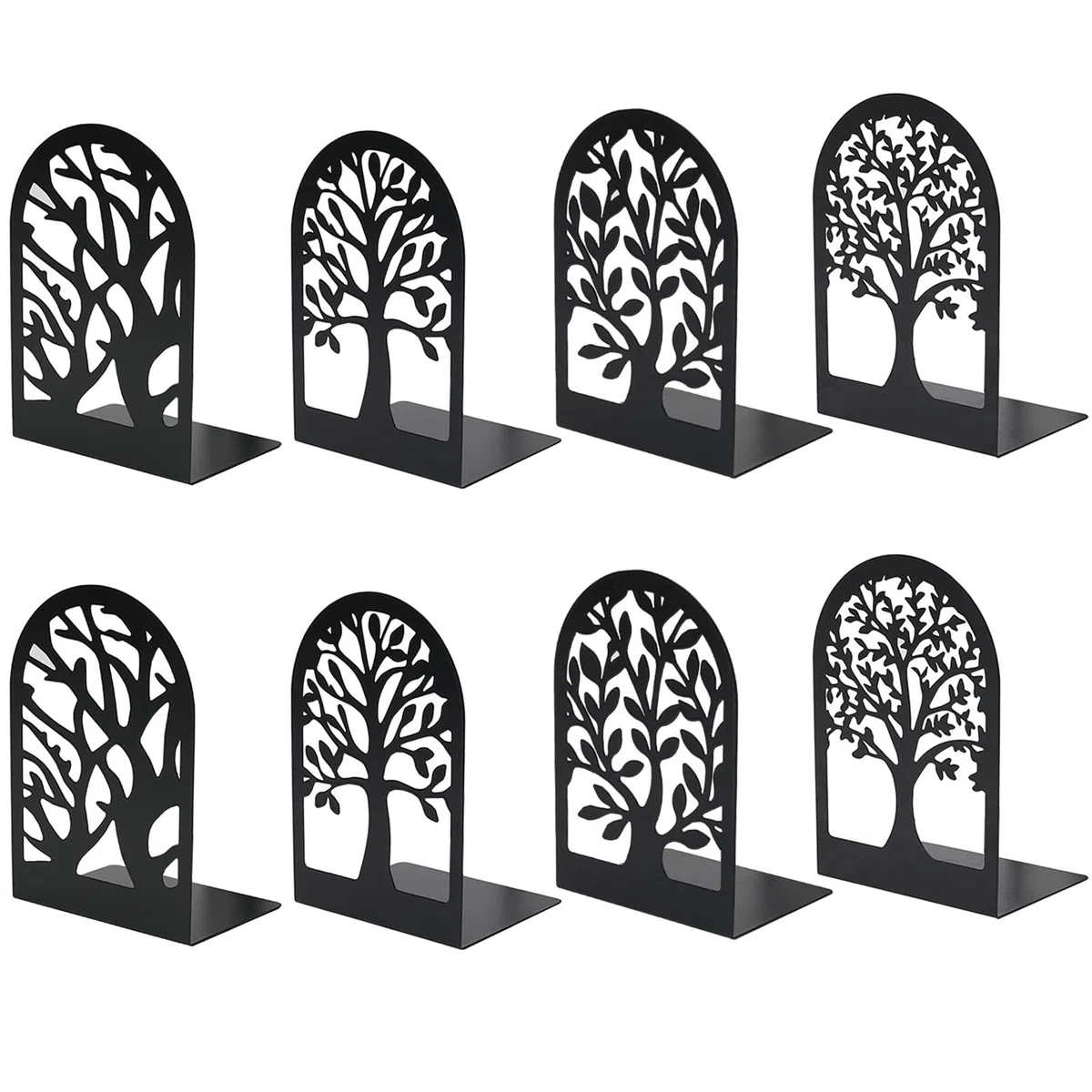 8 fermalibri in metallo nero, con motivo ad albero, fermalibri, in organza, con fermaporta antiscivolo, bordi arrotondati per scuola, casa, ufficio