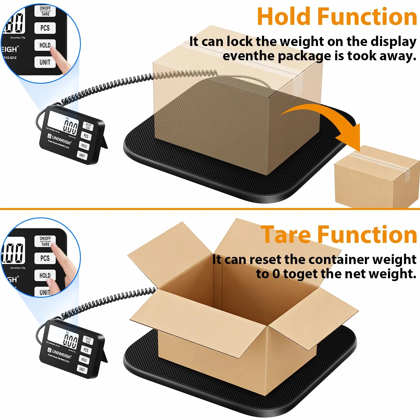 GRAM PRES Bilancia postale digitale da 200 kg/10g con display LCD, funzioni Hold/Tara/Pcs per pacchi/bagagli/ufficio postale/cani, batteria e cavo USB inclusi